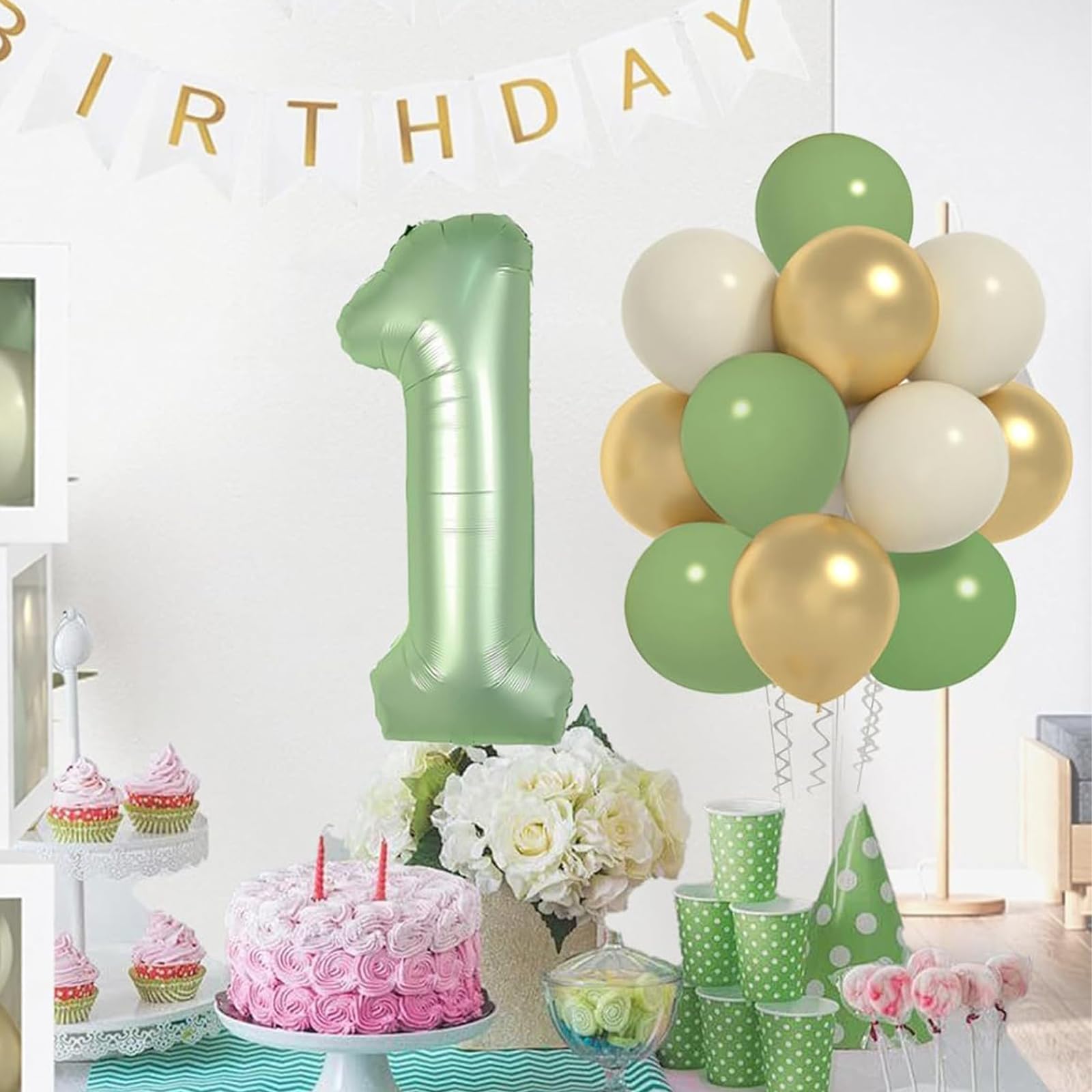 Palloncino Numero 1 Verde Salvia 40 Pollici - In Lamina, Per Elio, Compleanni, Feste A Tema - Foto 3