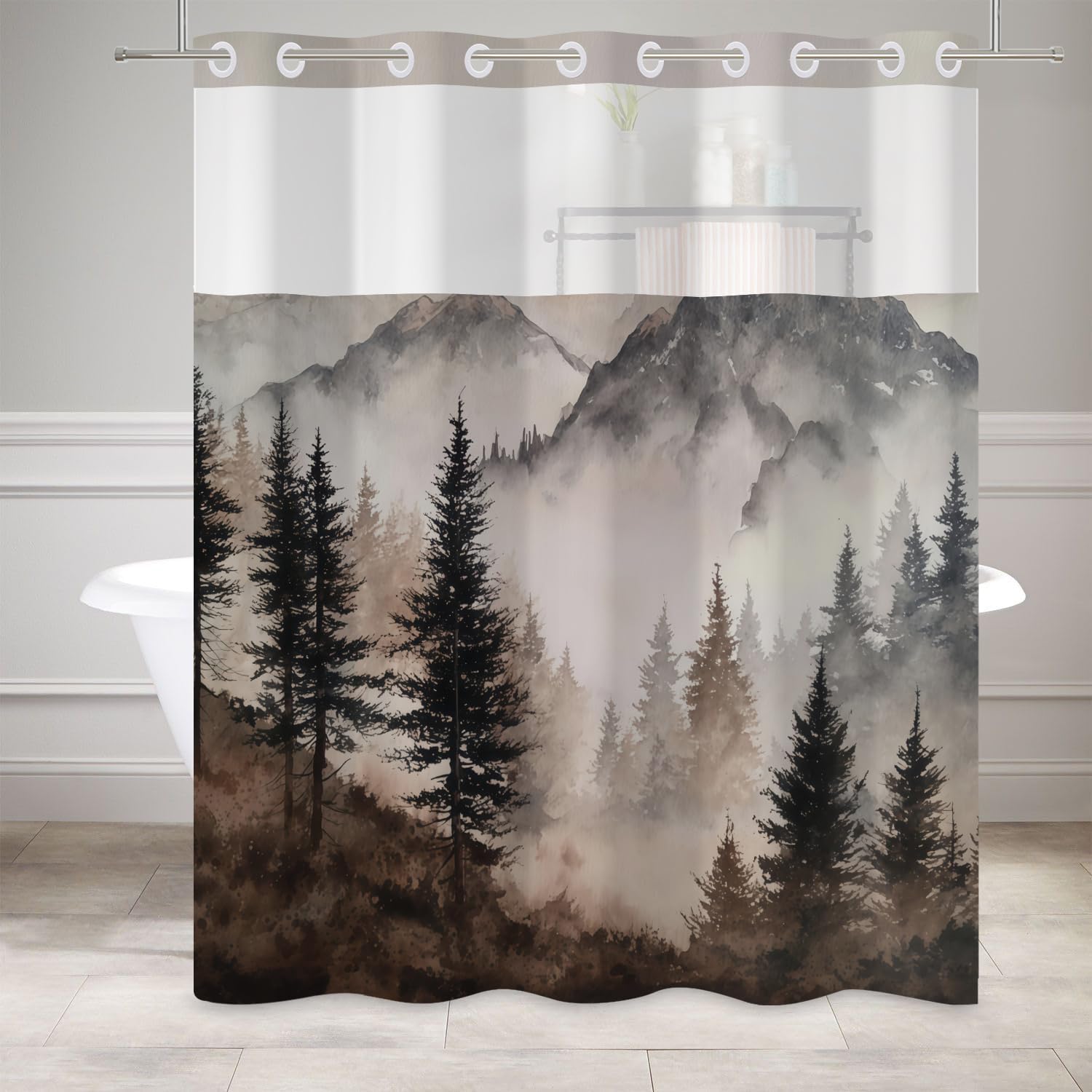 Leowefowa Misty Forest No Hook Shower Curtain with Snap in Liner, Brown Nature Mountain Ringless Double Layer Shower Curtain and Liner Set, Hook-Free with Window Waterproof Cloth Fabric, 71x74inch