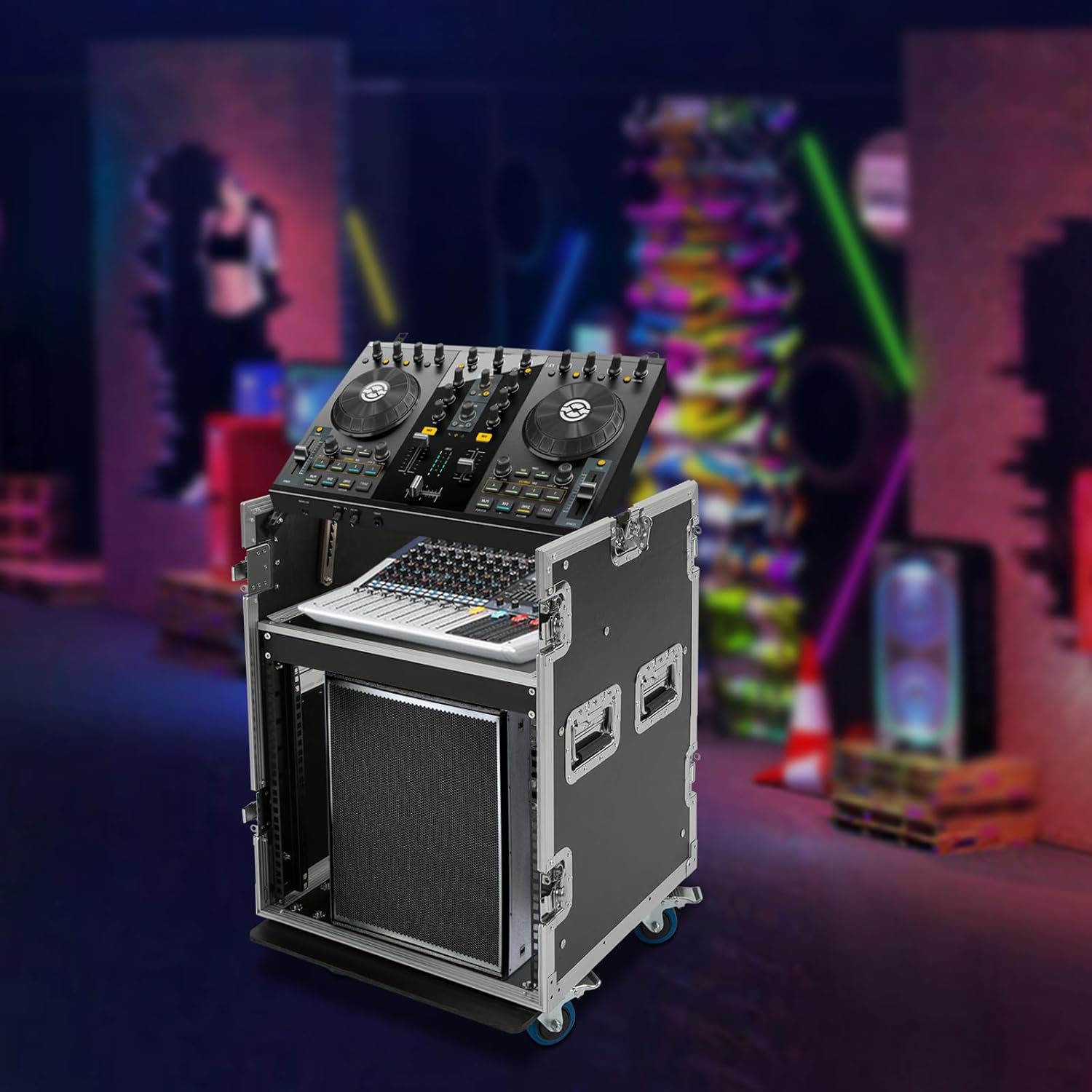 10U Mobile PA DJ Rack Road Case, Network & Stereo Rack with 4 Wheels, Heavy-Duty Mixer Rack Case, 300kg Load Capacity, 2-Tier Studio Equipment Cabinet for Live Sound, Studio
