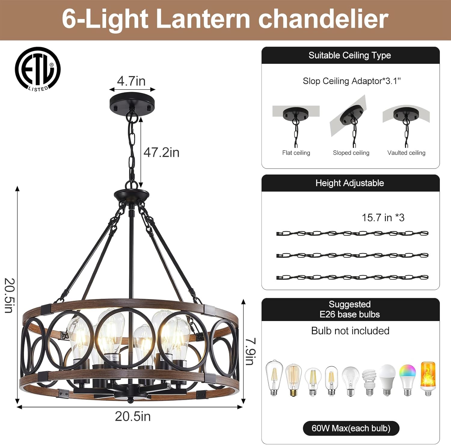 20.5'' Farmhouse Chandelier, 6-Light Walnut Wood Grain Dining Room Light Fixture Over Table, Rustic Industrial Drum Hanging Pendant Lights Fixture for Kitchen Island Bedroom Hallway Foyer Entryway