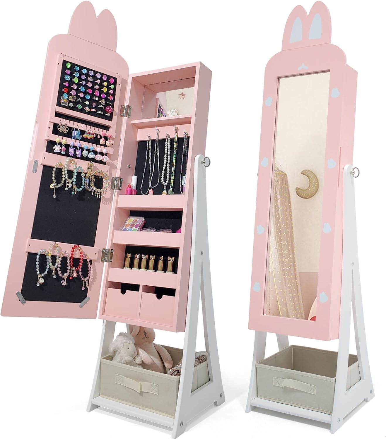 LEADZM Kinder Schmuckschrank mit Spiegel，Schmuckschrank Hängend， 3-in-1 Spiegelschrank mit Ganzkörperspiegel & Aufbewahrungskorb，Für Kinderzimmer Geeignet，Hasenstil，für Kinder ab 3 Jahren（Rosa）