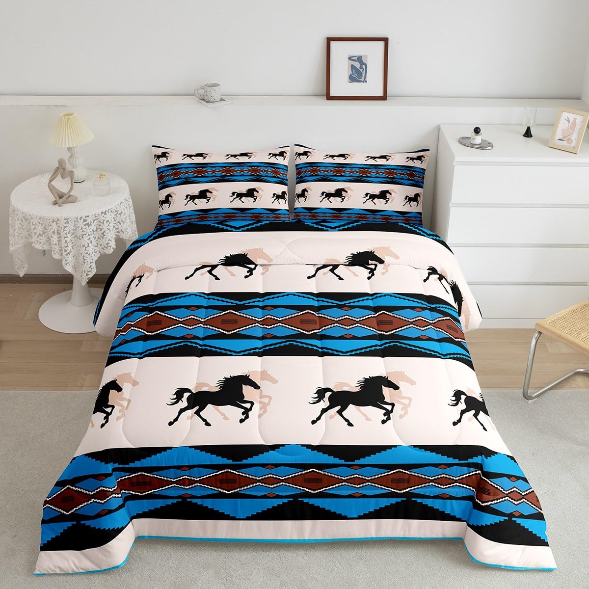 Juego de edredón de caballo, juego de ropa de cama rústico de vaquero occidental, edredón de plumón azteca nativo americano para niños y niñas, decoración de habitación del suroeste, colcha de vida