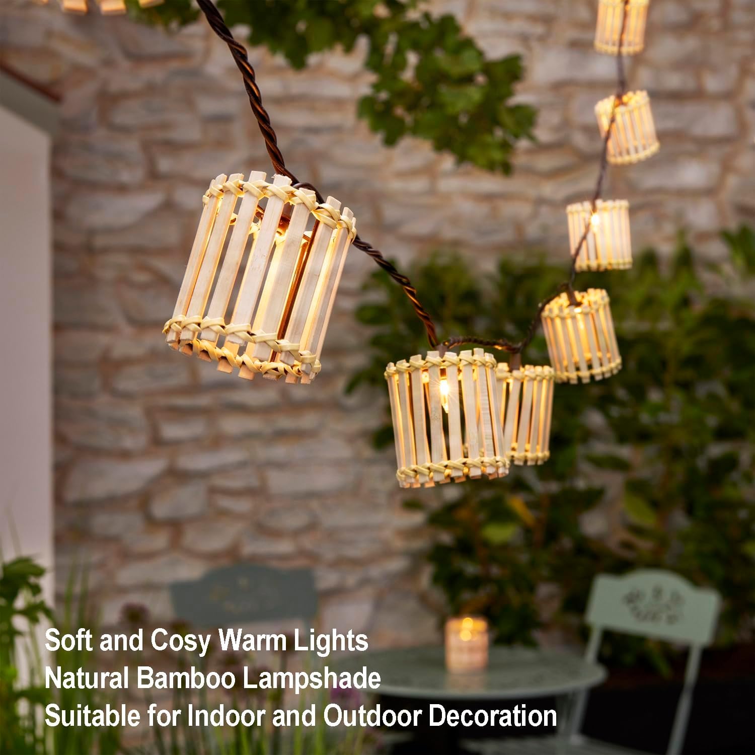 Outdoor-String-Lights-Waterproof, Bamboo Lantern String Lights for Patio, Garden, Porch, Balcony, Gazebo Decorative (Bamboo)
