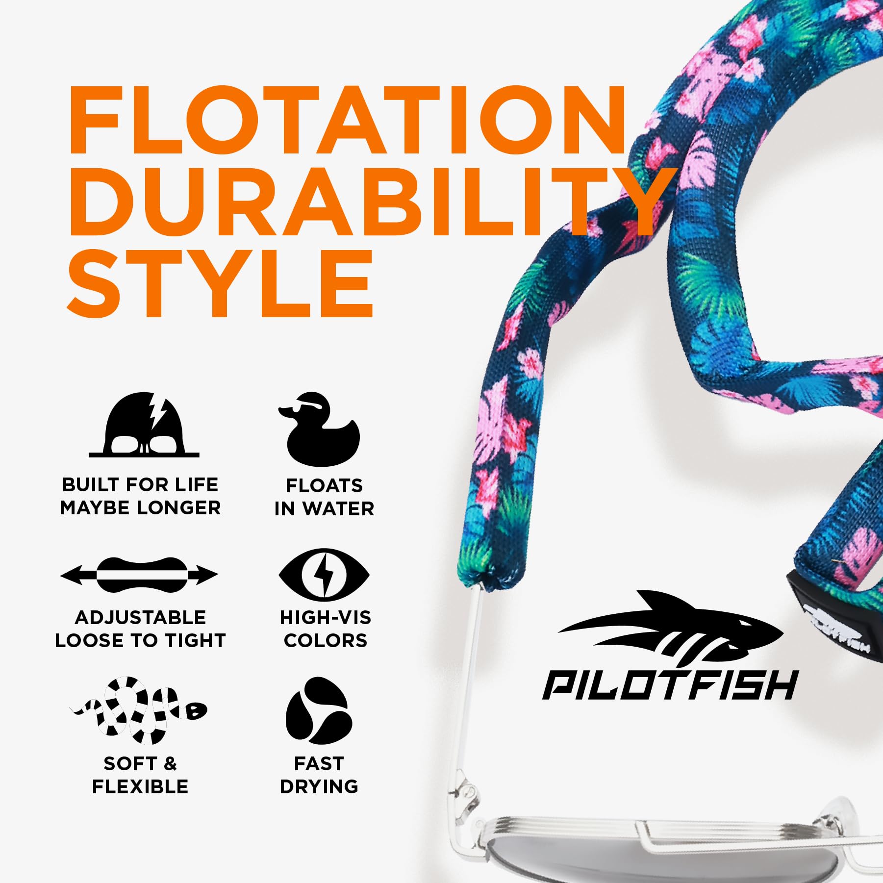 Pilotfish Cinghia per occhiali da sole galleggiante, regolabile, impermeabile, ad alta visibilità, supporto in neoprene per uomini e donne