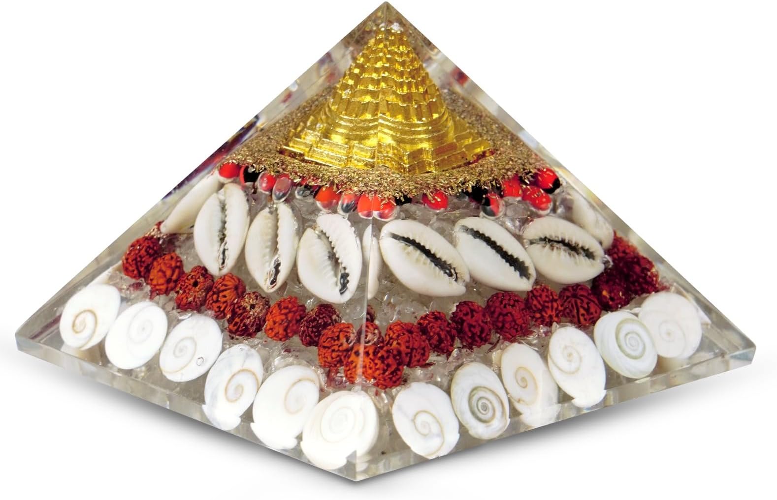 Jet International Lab Tested Original Crystal Gomati Chakra Laxmi Pyramid For Home, Office - Rudraksha | Shree Yantra | Kauri And Ratti For Vastu Money Good Wealth Good Luck And Prosperity - 4 Inch