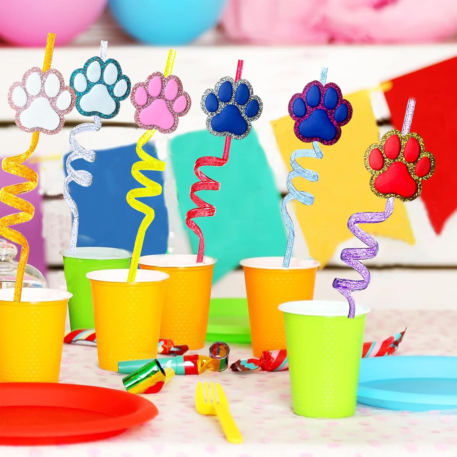 24PCS Paw Print Glitter Straws with 2 Cleaning Brushes for Pet Parties image 3