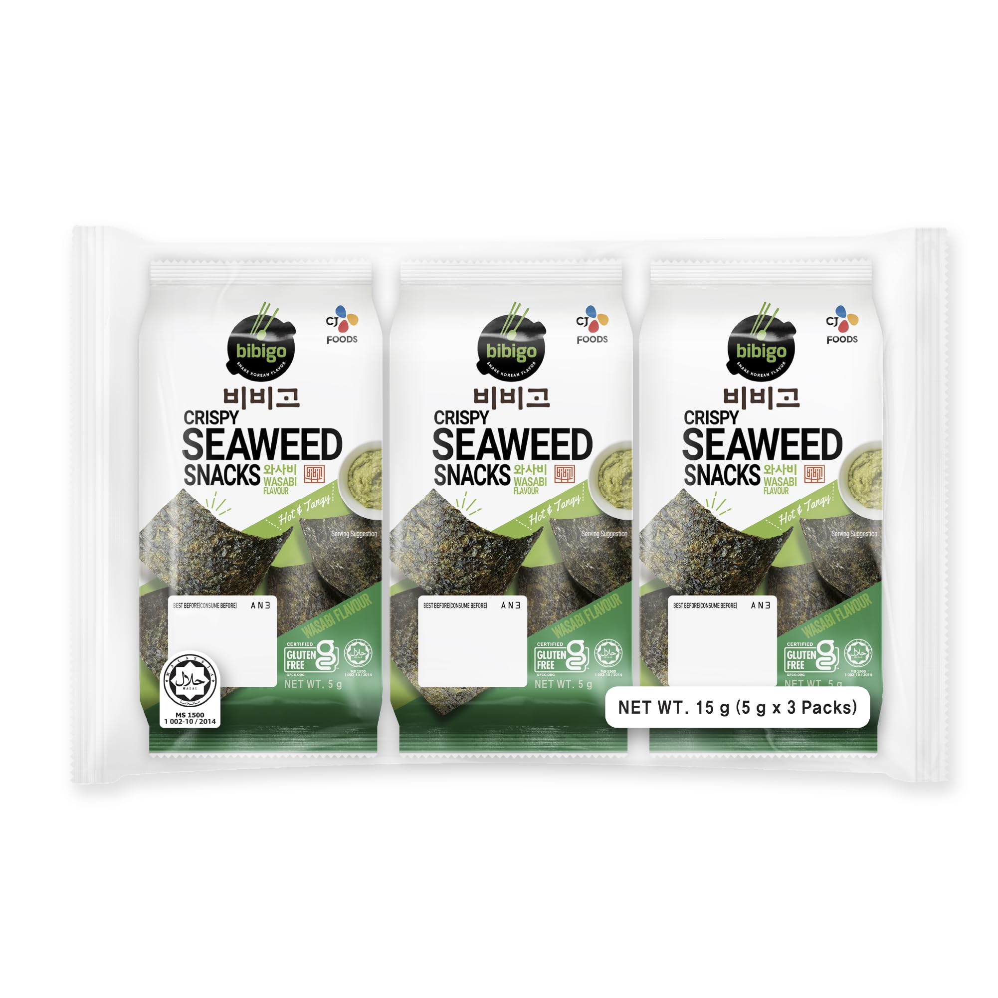 Bibigo Seealgen Snack Wasabi – Geröstete Seelagenblätter mit Wasabi – Ideal als Snack oder Beilage – 3 x 5 g