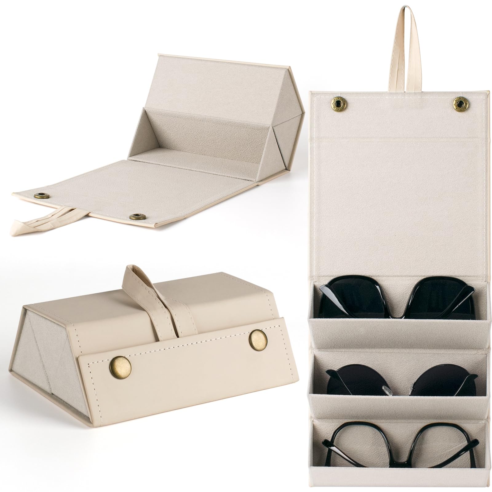 Sunglasses Travel Case, Foldable Glasses Case with 3 Slots, Portable Glasses Case for Women, Men, Girls (Off-White), Cream White, One Size-image-45