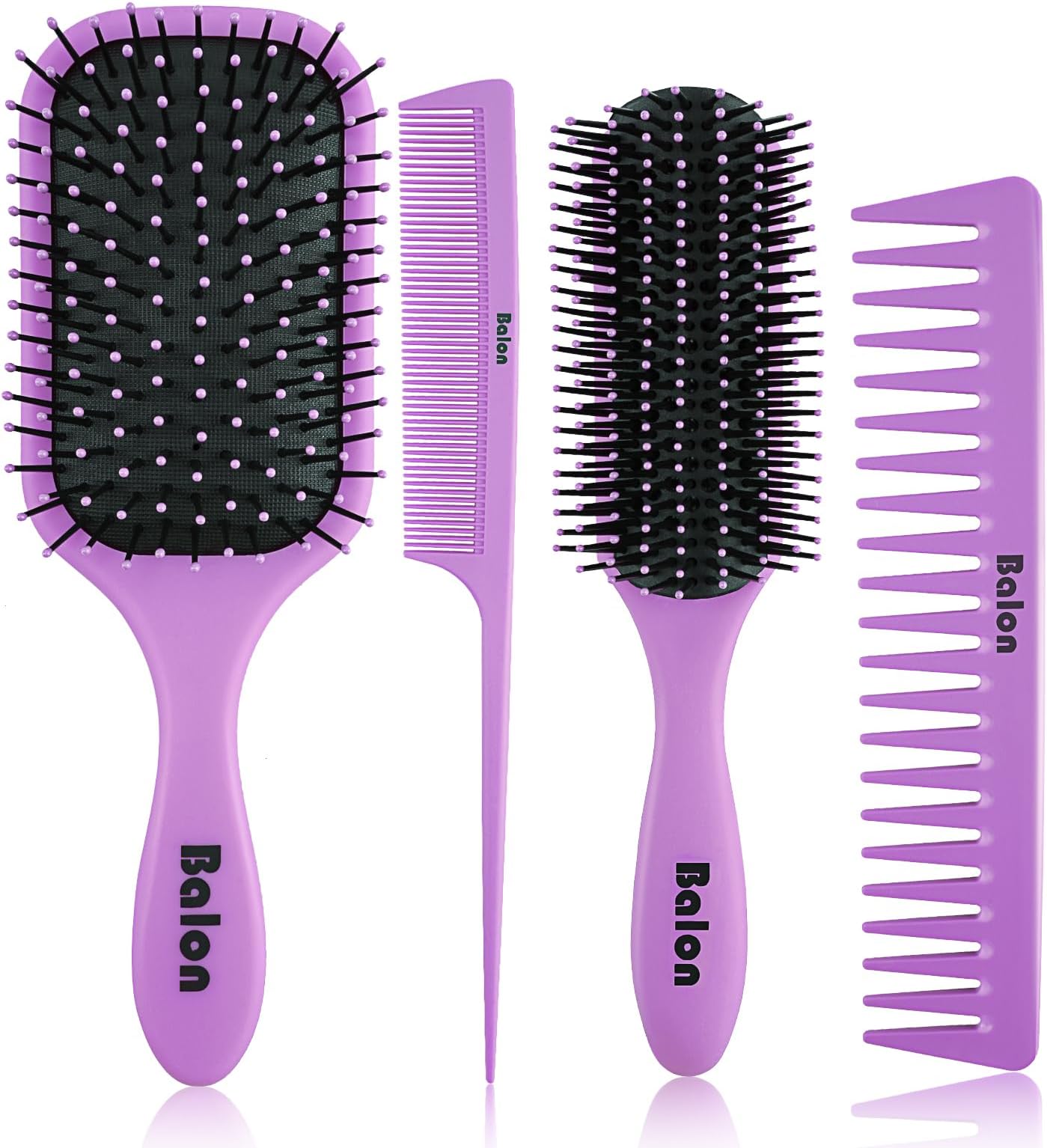 4Pcs Detangling Hair Brush Set for Women - Paddle Brush for Wet or Dry, No More Tangles for Straight, Long, Thick, Curly, and Natural Hair (Purple)