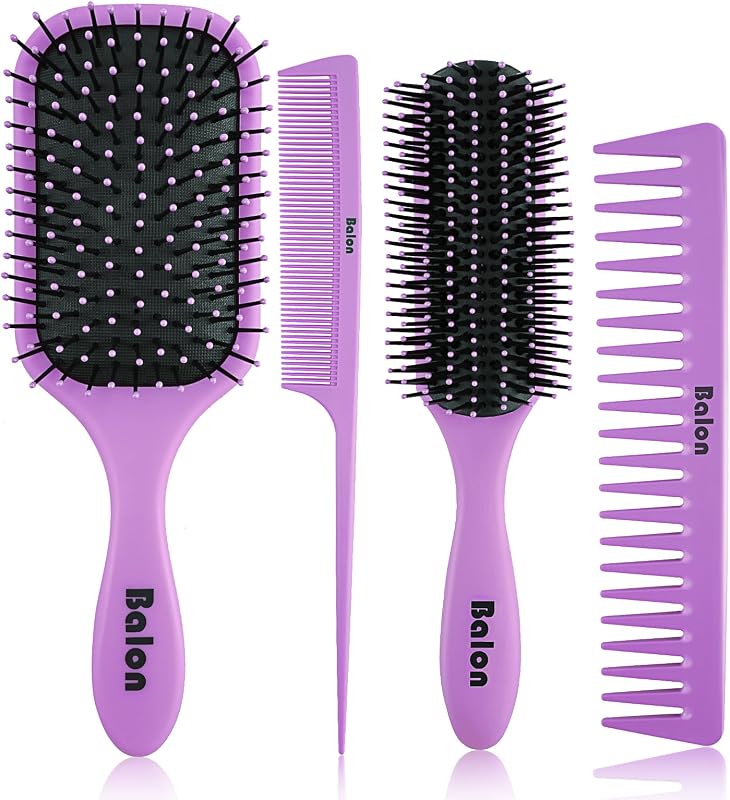 4Pcs Detangling Hair Brush Set for Women - Paddle Brush for Wet or Dry, No More Tangles for Straight, Long, Thick, Curly, and Natural Hair (Purple) | Paddle brush, Styling brush, Wide-tooth & tail comb, Anti-static, Soft bristles gently detangle, Massage scalp, Boost shine