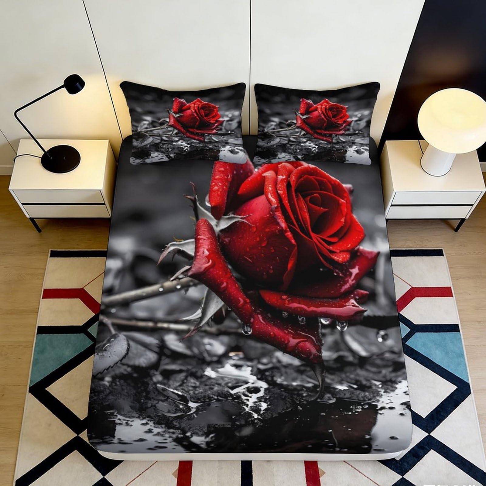 3D Printed Red Rose Fitted Sheet Microfiber Soft Water Droplets Bed Cover for Bedroom Dorm Room Decor Mattress Protection 90x200x25cm