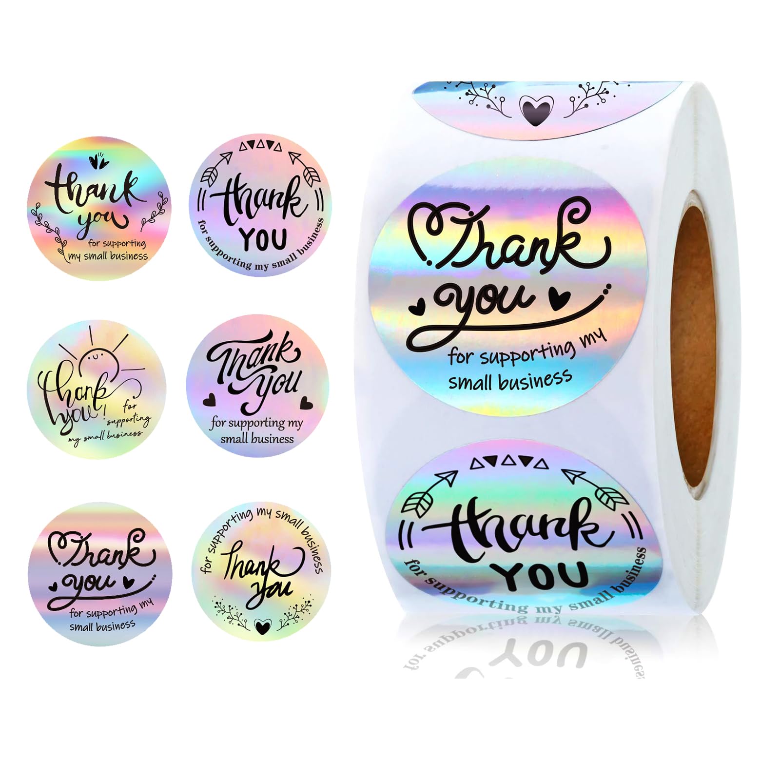Thank You Stickers Roll, 500pcs Thank You for Supporting My Small Business Stickers Self Adhesive Holographic Stickers Laser Rainbow Stickers for Thank You Cards Shop Gift Letter
