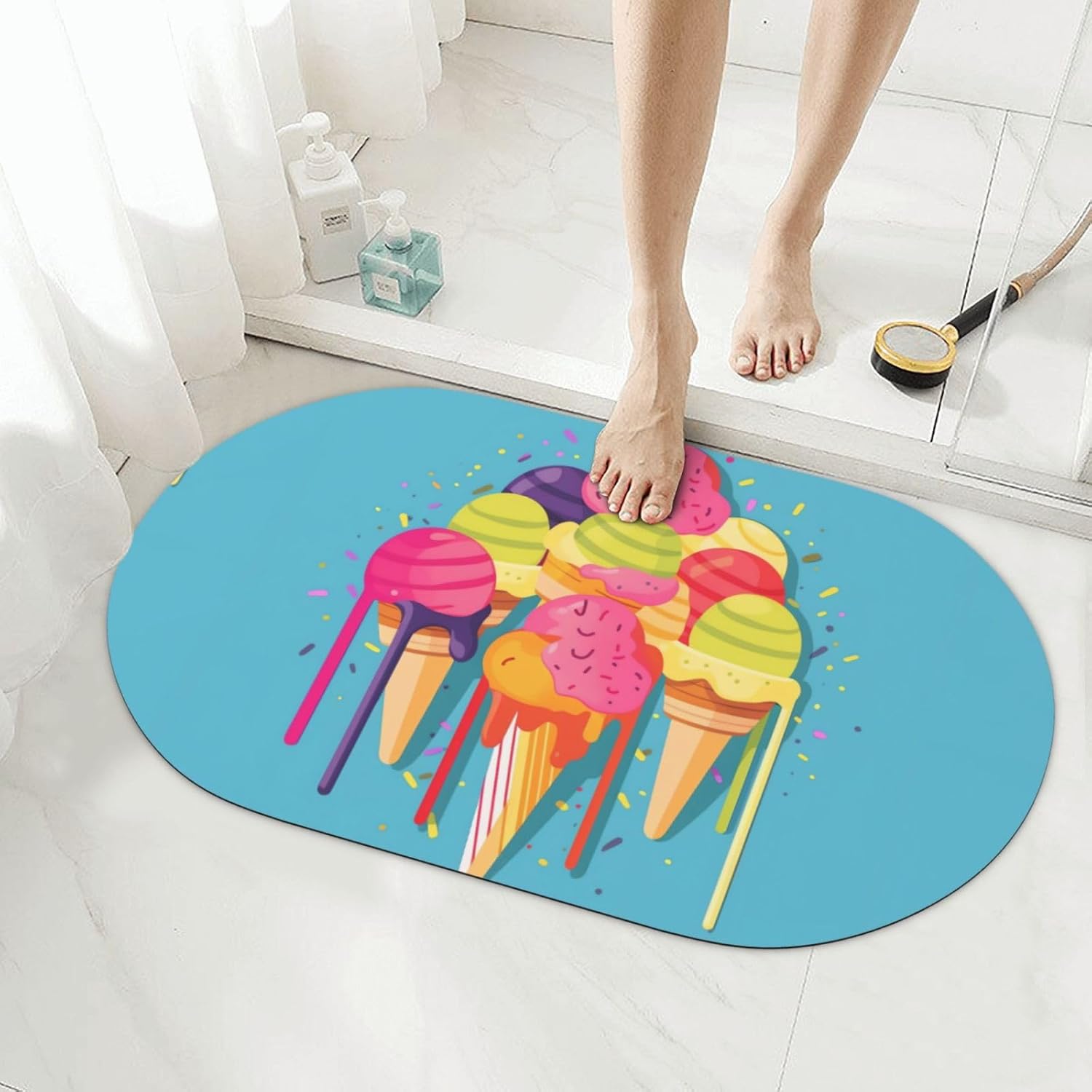Stone Bath Mats Colorful ice Cream Diatomaceous Earth Bath Mat Super Absorbent Bathroom Floor Mat Quick Drying Diatomite Shower Mat for Shower Bathtub Bathroom Accessory 19.7x31.5in