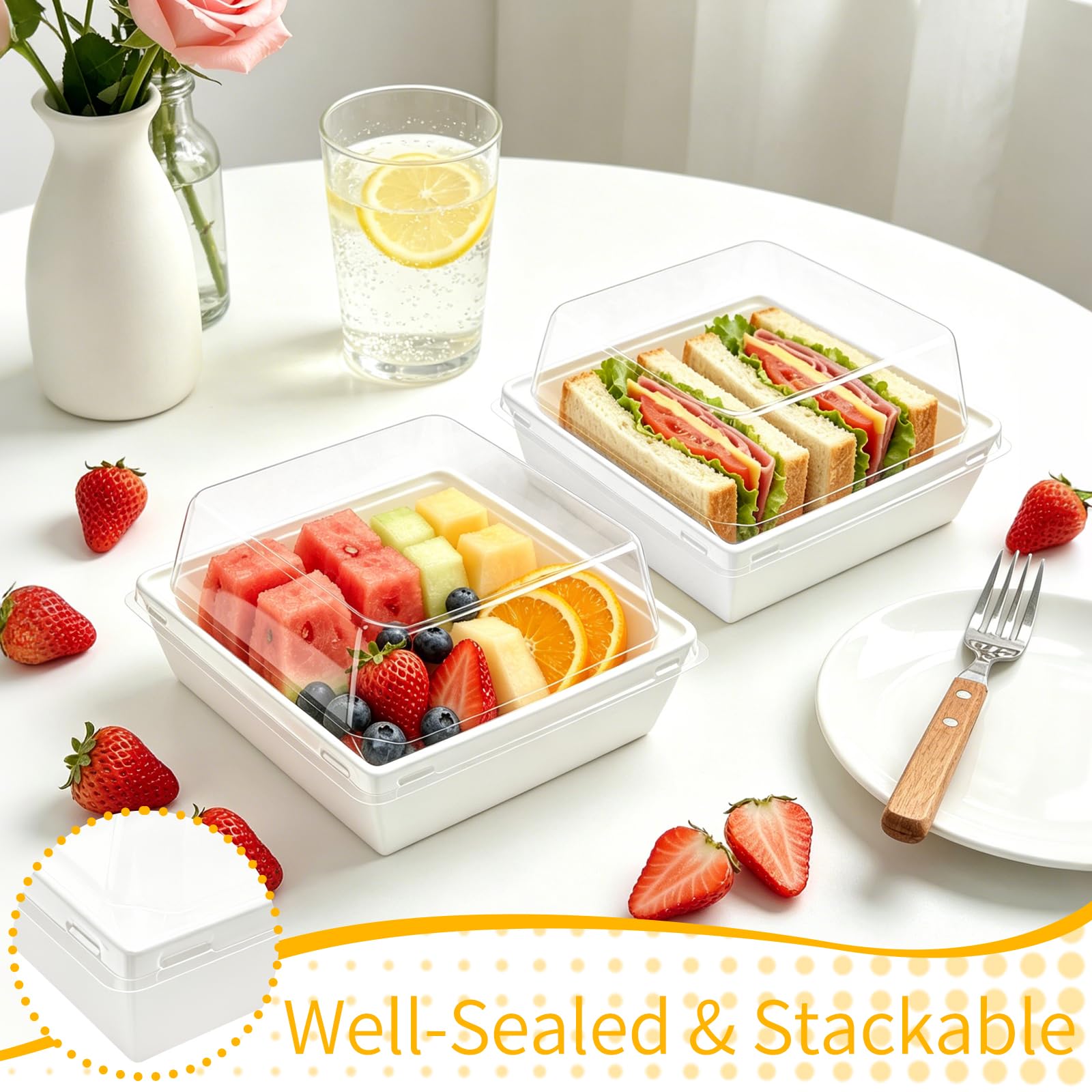 Nexboraque Confezione da 100 piccole scatole per salumi con coperchio trasparente, 12,7 cm, in carta bianca, usa e getta, quadrate, per panini, dessert, panini, biscotti, sushi, fette di torta e