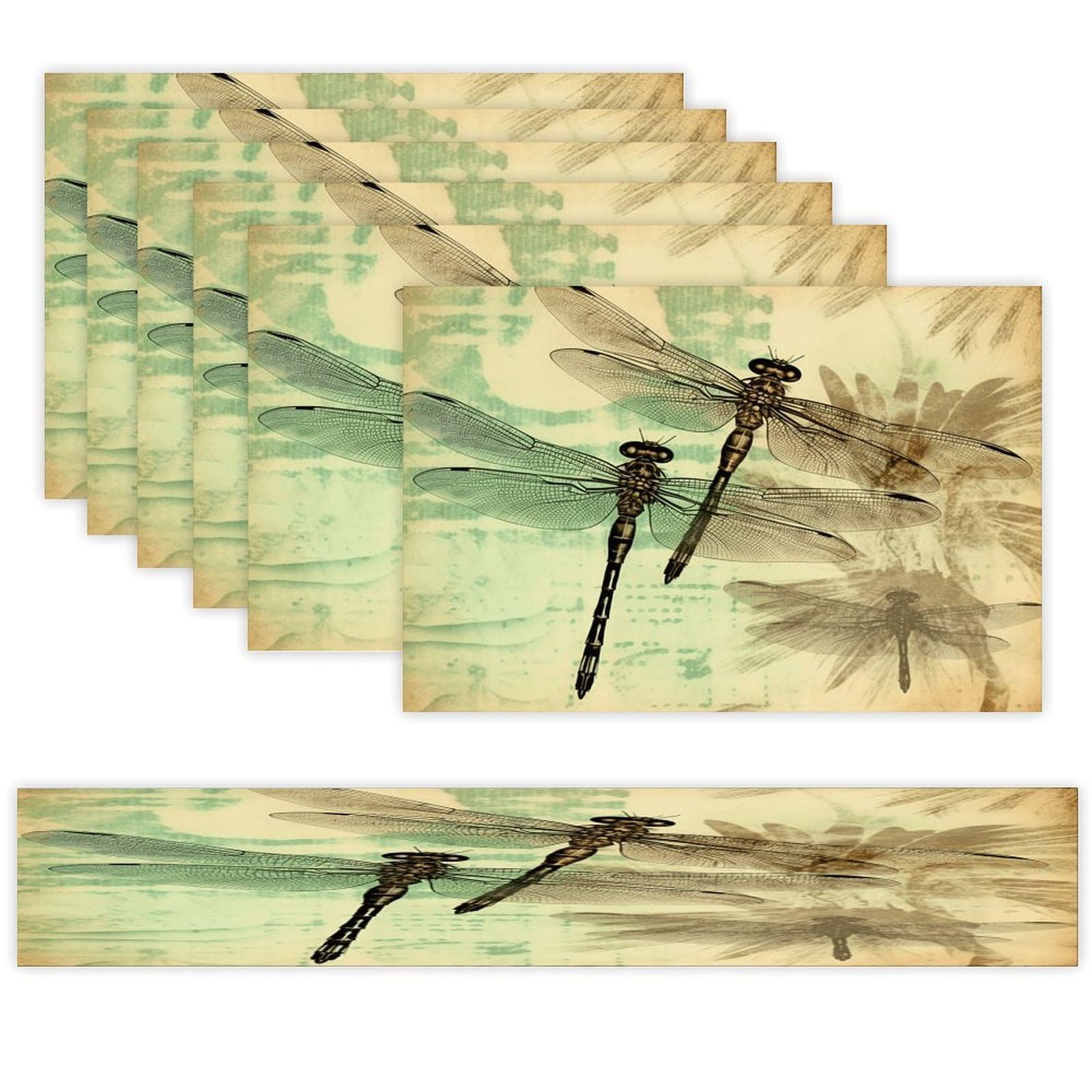 Dragonfly Dragonflies Vintage Placemats Set of 7 Exquisite Linen Table Mat Seven Piece Set Includes 13"x71" Fashion Table Runner and 12"x18" Place Mat Decor for Kitchen Dining Room