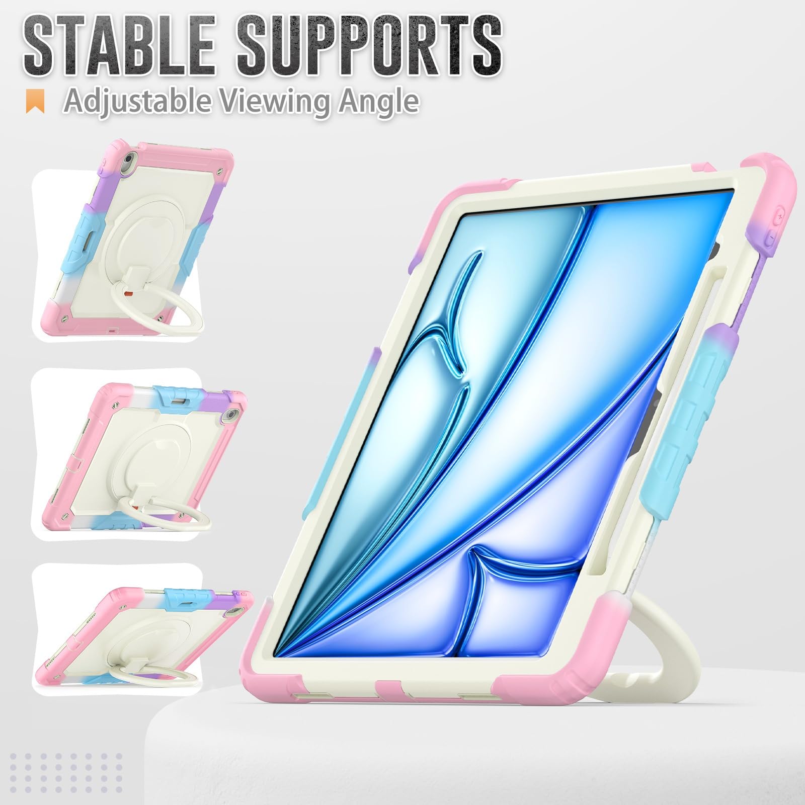 Kompatybilny z etui iPad Air 13 cali M2 2024 uchwytem na ołówek i ochraniaczem ekranu, wytrzymała, pełna obudowa ochronna, obrotowy uchwyt, silikonowe(Pembe)