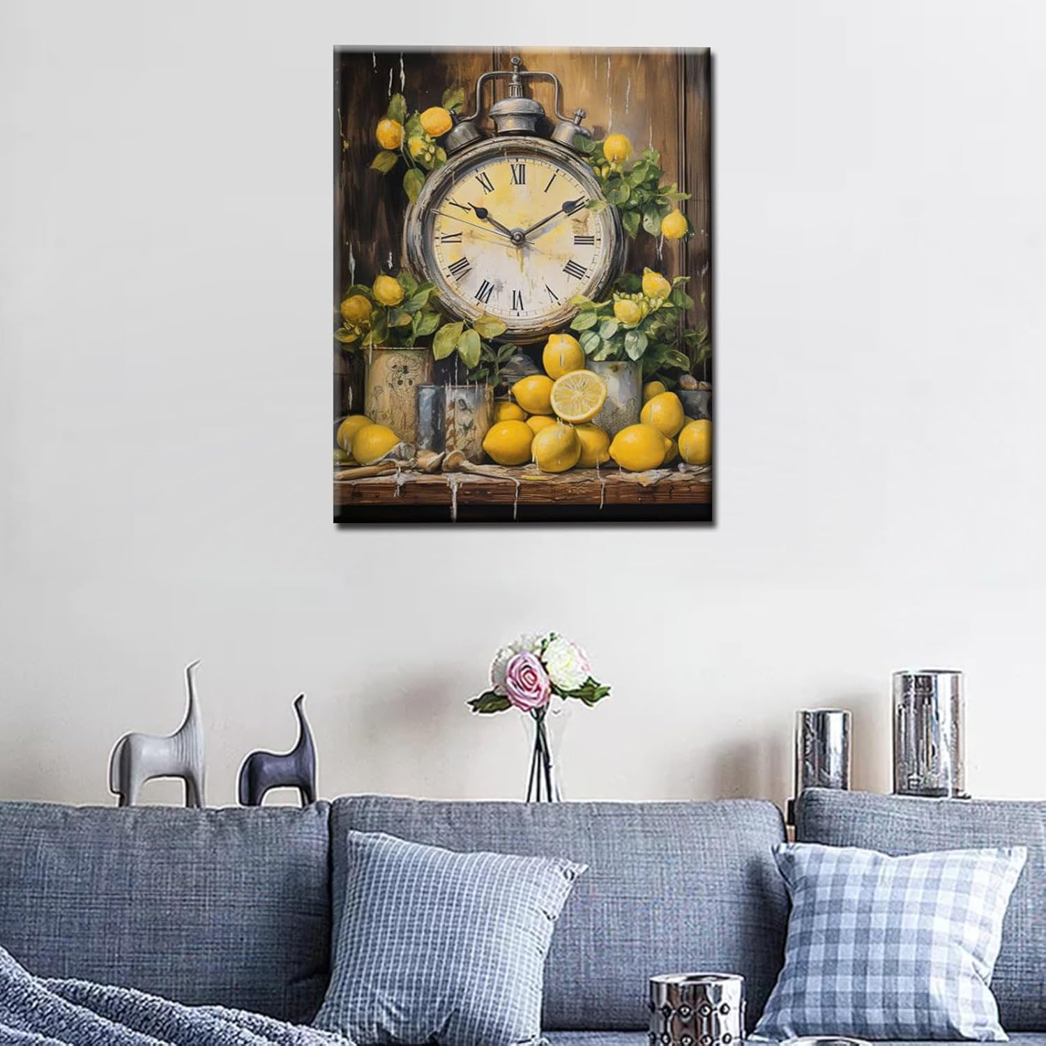 Farmhouse Kitchen Clock with Lemons Oil Painting Paint by Number Kits 16 x 20 inch Canvas Rustic Painting DIY Painting for Kids Students Adults Beginner with Brushes Acrylic Pigment(DIY Frame)