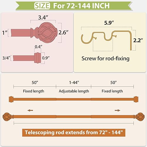 Miniatura 8 de KAMANINA Barra de cortina doble de 1 pulgada de 72 a 144 pulgadas (6-12 pies), barras de cortina doradas para ventanas de 66 a 120, barra de cortina