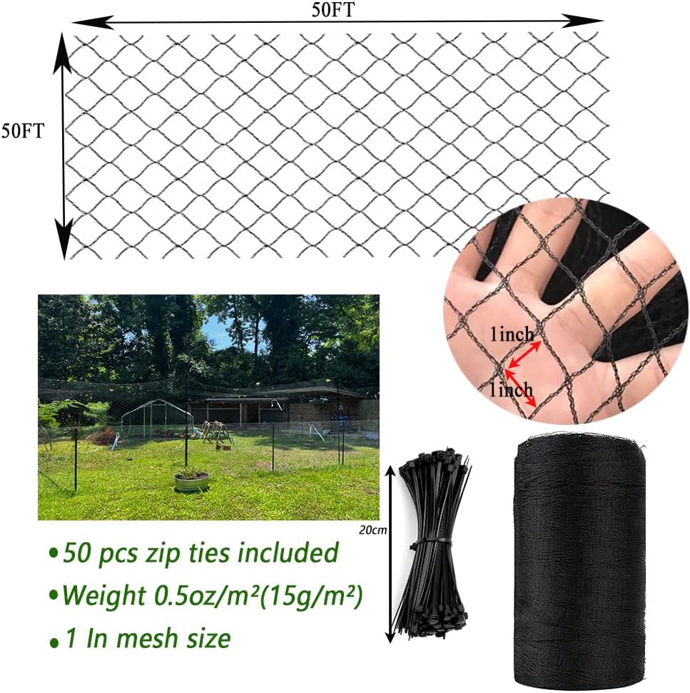 Junflying Bird Netting for Chicken Coop, 50X50 FT Poultry Netting for Chicken Run Roof Cover, Against Hawk, Predators, 1 in Mesh Woven Garden Netting for Plants, Vegetables, Fruit Trees Protection