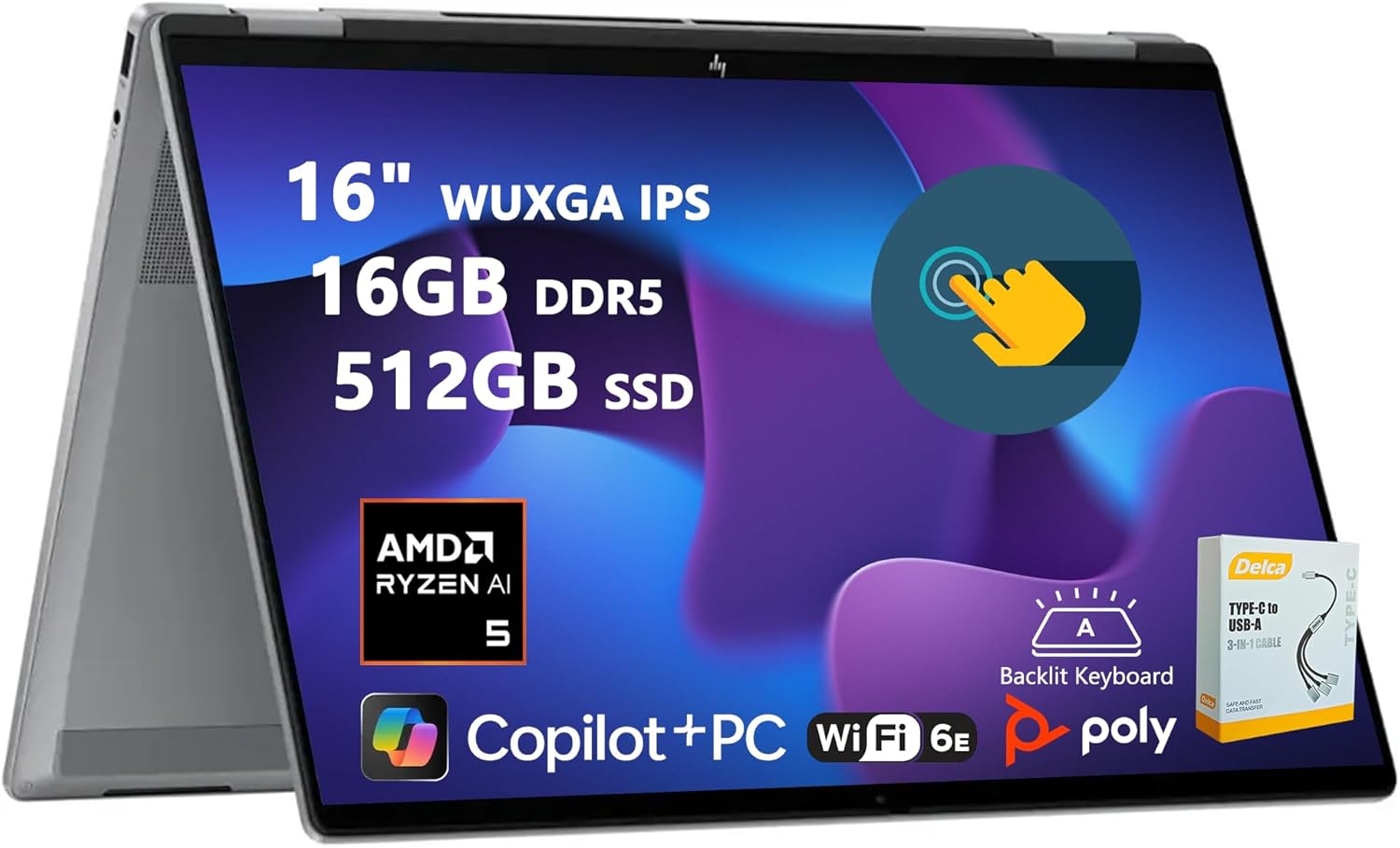 HP OmniBook X Flip AI PC 2-in-1 Laptop | 16" WUXGA Touchscreen | AMD 6-Core Ryzen AI 5 340 (Up to 50 Tops) | 16GB DDR5 512GB SSD | Backlit 5MP IR Privacy Camera Win11 w/DLCA Accessory