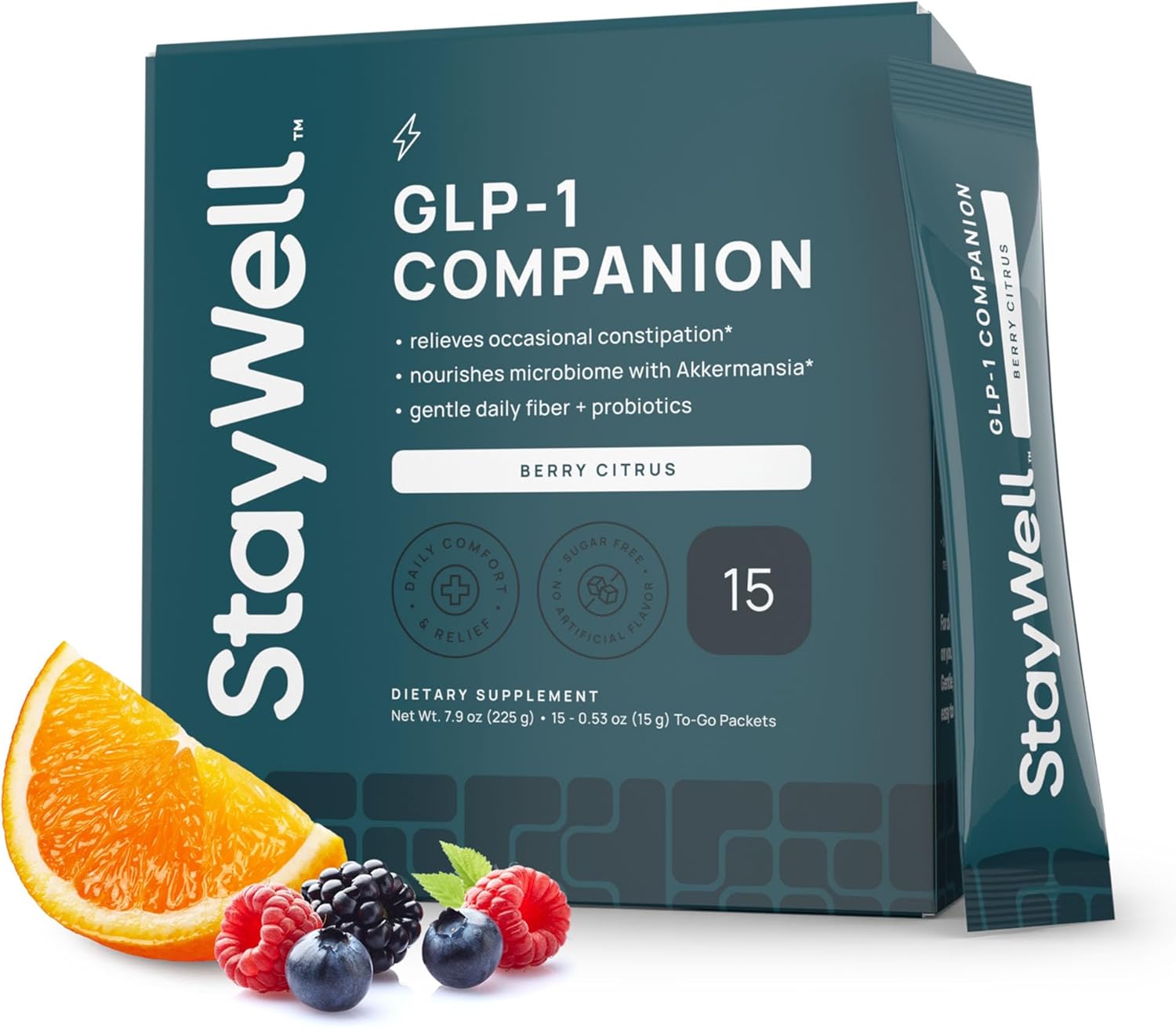 GLP-1 Constipation Support | Digestive, Gut Discomfort GLP Symptom Relief | Akkermansia, Probiotic, Prebiotic Microbiome Support for Digestive Balance, Regularity & Bloating Relief – Berry Citrus 15ct