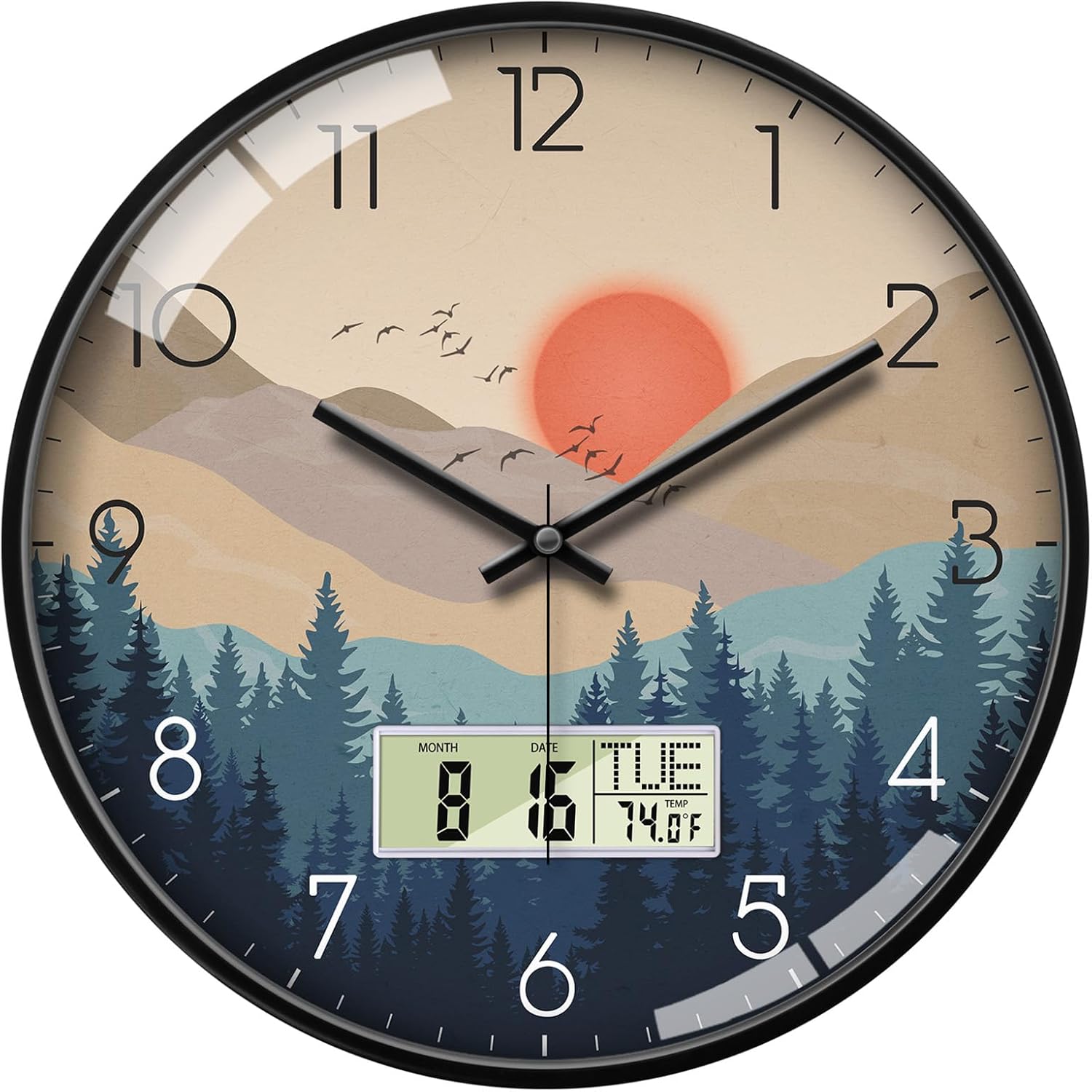 12″ Silent Non-Ticking Wall Clock, Mid-Century Modern Wilderness Sunset, Battery Operated Analog Clock with LCD Date Day Temp Display for Living Room Home Office Bedroom Kitchen Farmhouse Decor