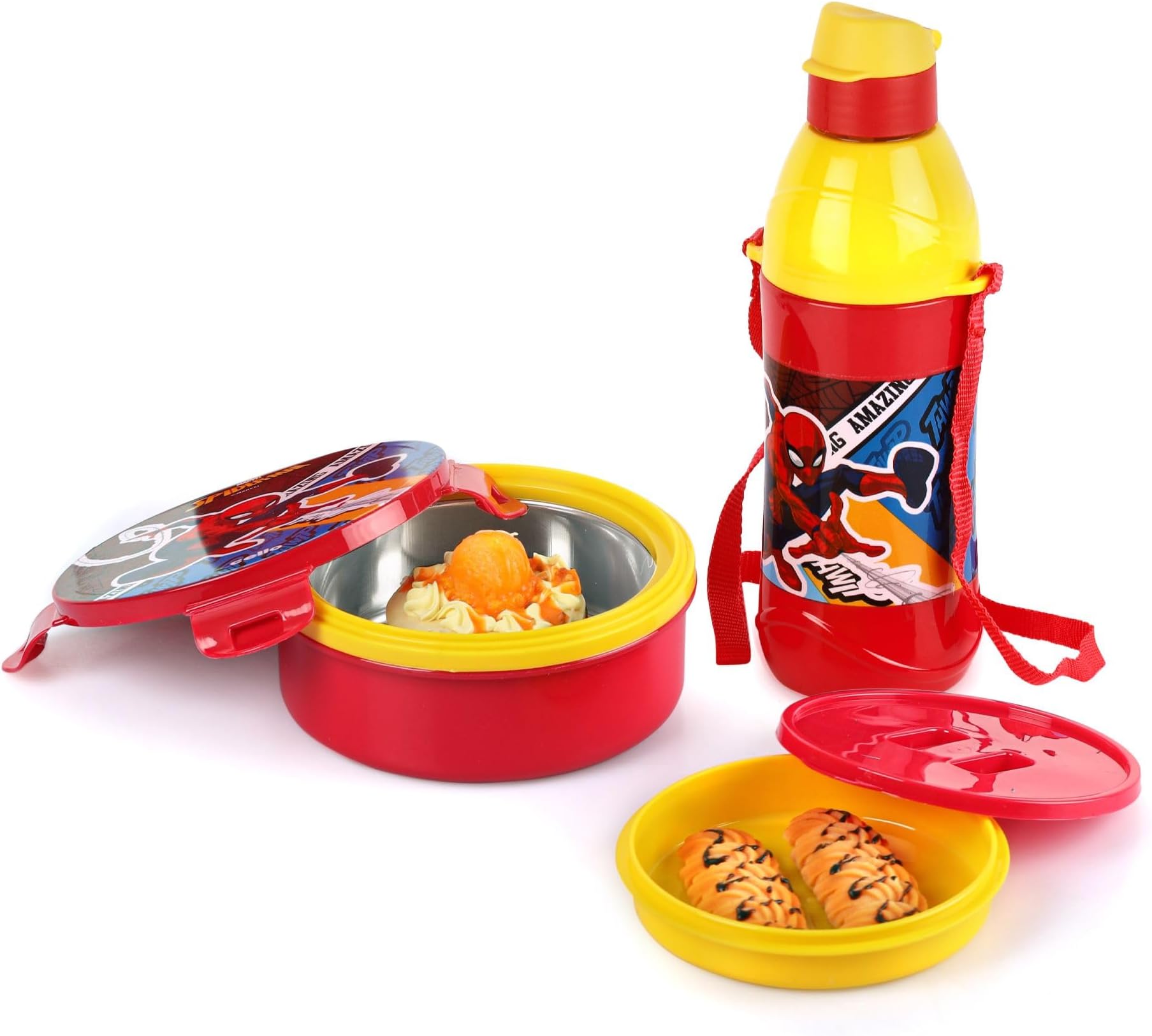 CELLO Tiffy Spiderman Gift Set Insulated Lunch Box & Water Bottle for Kids | Tiffin Box 460 ml, Water Bottle 400 ml, Red & Yellow | Leak Proof | Easy to Clean | Ideal for School, Picnic