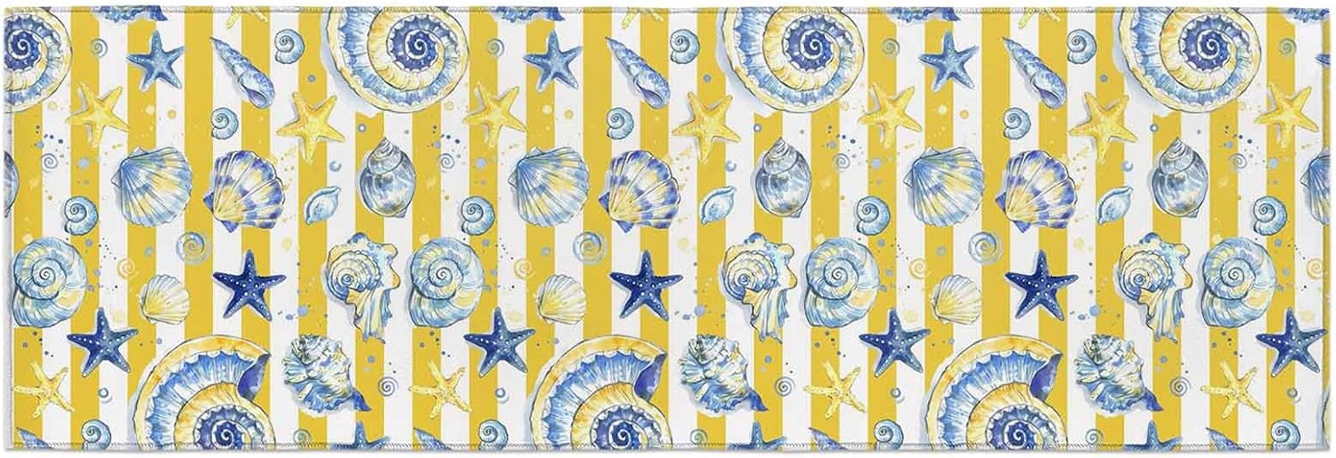 Teamery Kitchen Mats for Floor Summer Sea Conch Starfish Washable Non Slip Kitchen Rugs 1PCS, Yellow White Striped Background Absorbent Standing Mats for Sink Bathroom Office Living Room 15.7x47.2in
