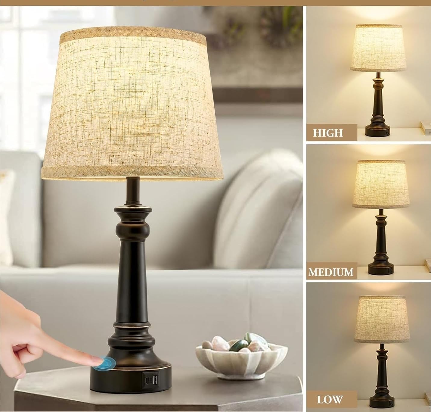 Practical Touch 19.3" Touch Desk Lamp 2-Pack - 3-Way Dimmable with USB C&A Ports, Includes 2 LED Bulbs - Perfect for Living Room, Bedroom, and Office