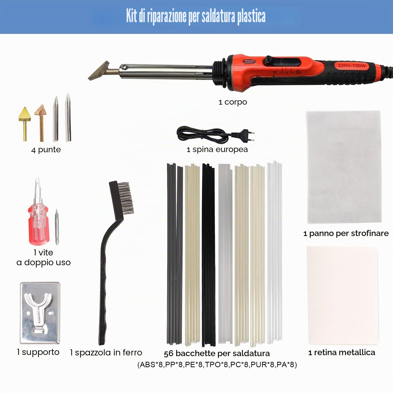 Saldatore in plastica 100W Multifunzione 3 Velocità Plastica con 4 Punte di Saldatura Staffa per Ferro Caldo Rete Patch Spazzola Metallo