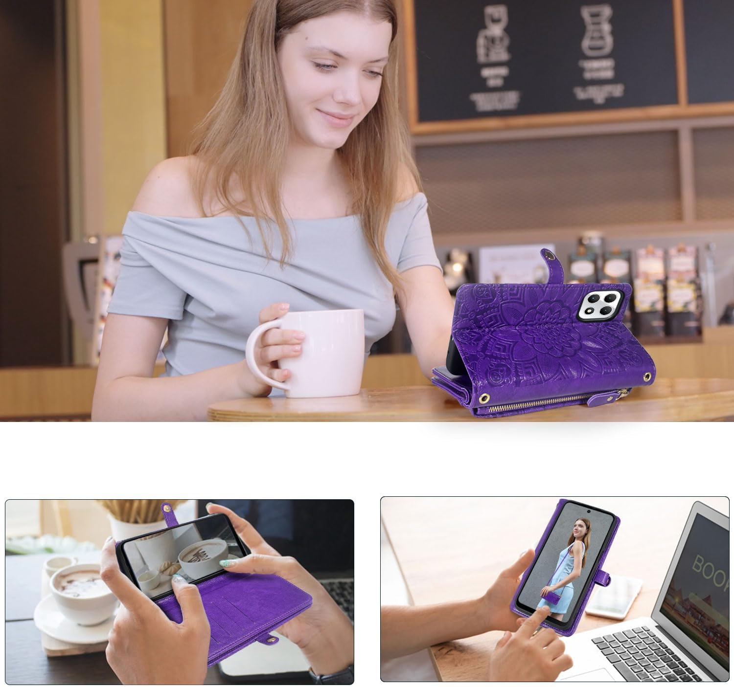 Harryshell Crossbody for T-Mobile Revvl 7 5G Wallet Case [10 Card Slots] with [Theft-Scan Blocking],Cash Coin Zipper Pocket Long Shoulder & Wrist Strap (Floral Purple)