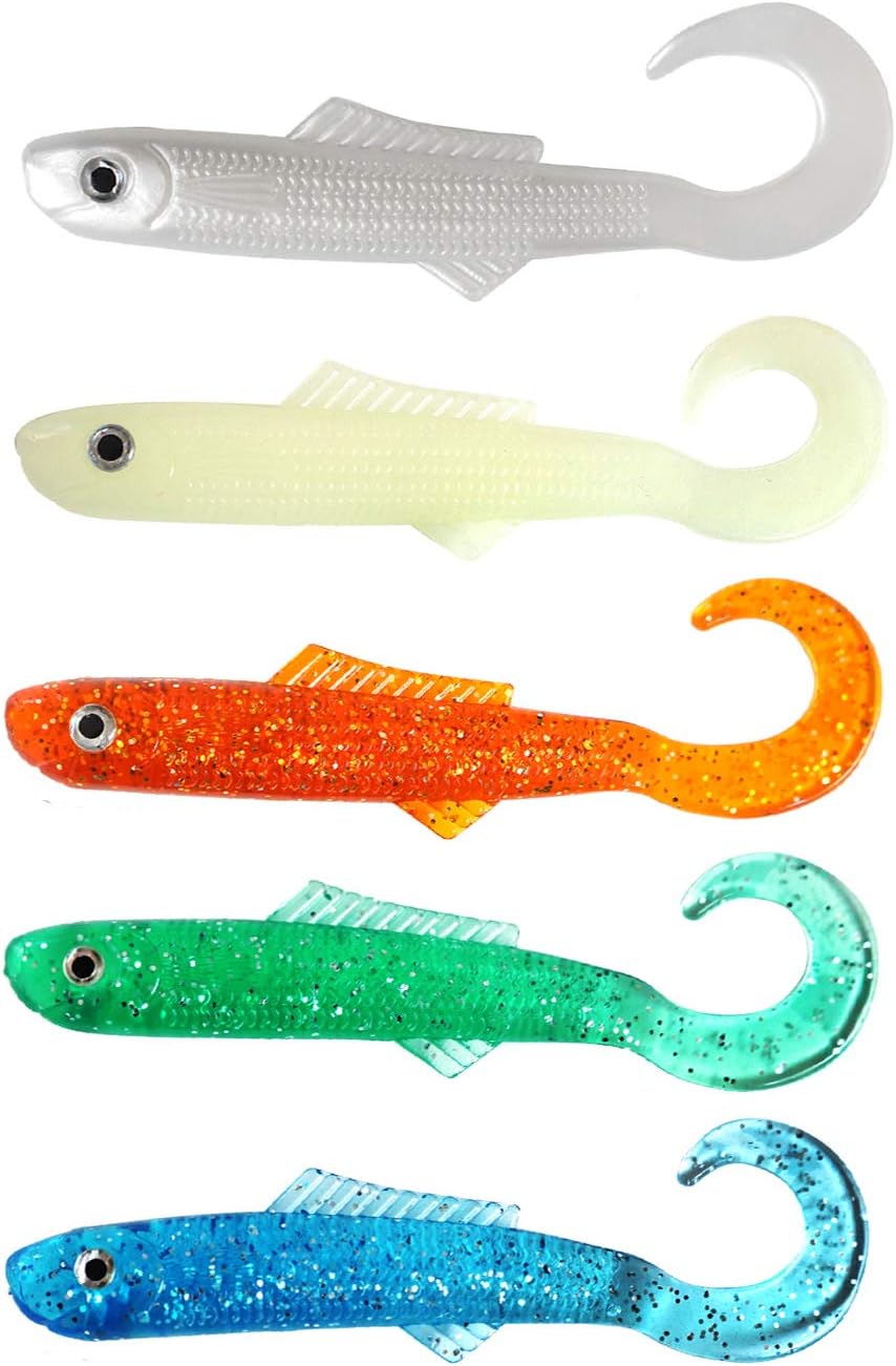 50pcs Fish WOW!® 4" Blam Swimbaits Minnows Fat bass Squid 5 in (w/The Tail Extended) Curly Tail Minnow blams Fishing Soft Lures - 5 Colors