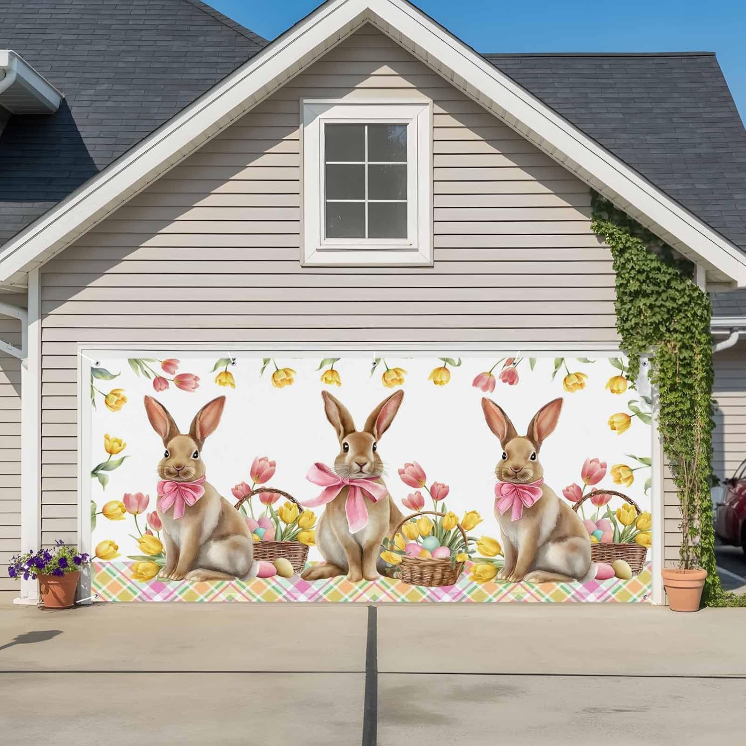 Garage Door Banner Easter Brown Bunny Farmhouse Garage Door Decorations 6x13ft, Pastoral Tulips Retro Plaid Hanging Backdrop Wall Decoration for Outdoor Party Holiday Birthday Yard
