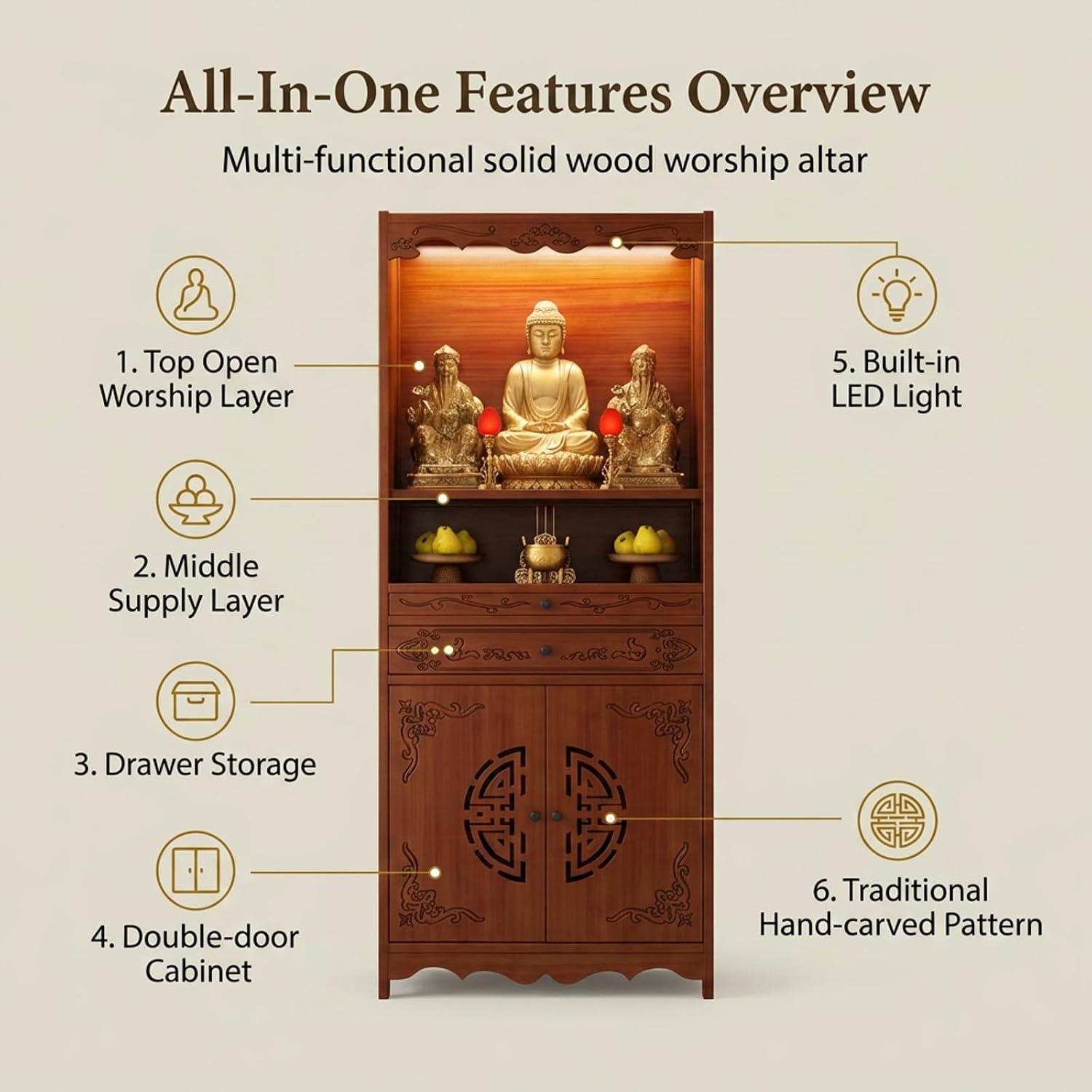 Solid Wood Altar Table with Storage, Buddhist Altar Cabinet for Home
