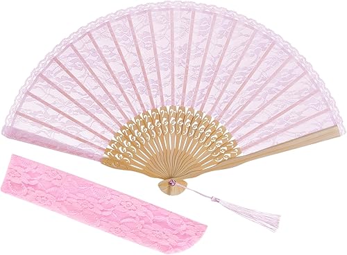 choyaxo Abanico de mano de encaje chino plegable de bambú y seda para mujeres, para decoración de bodas y fiestas de baile, rosa