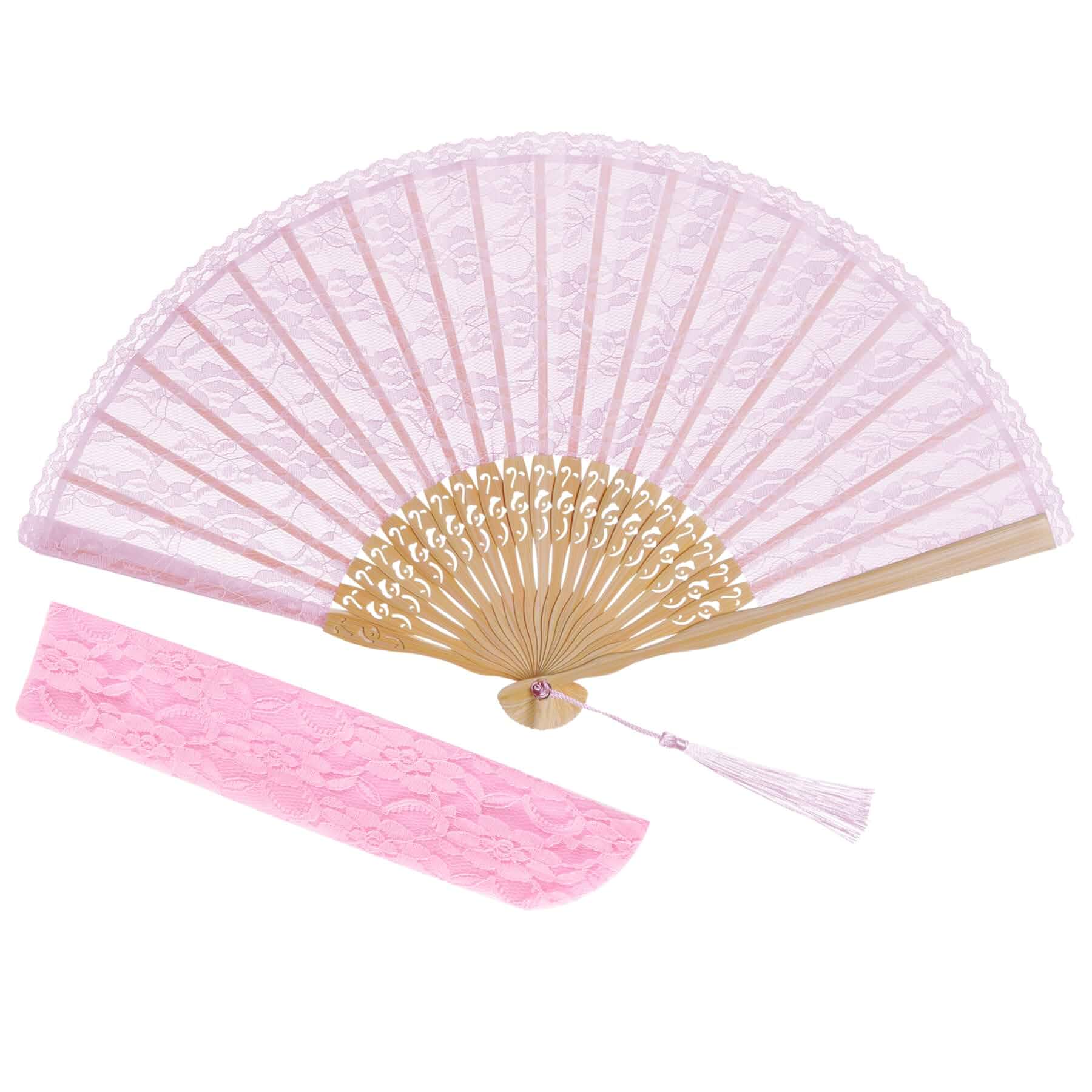 choyaxo Pink Lace Handheld Fan Bamboo Folding Fan Bamboo Silk Hand Fan,for Women,Wedding,Decoration,Dancing Party