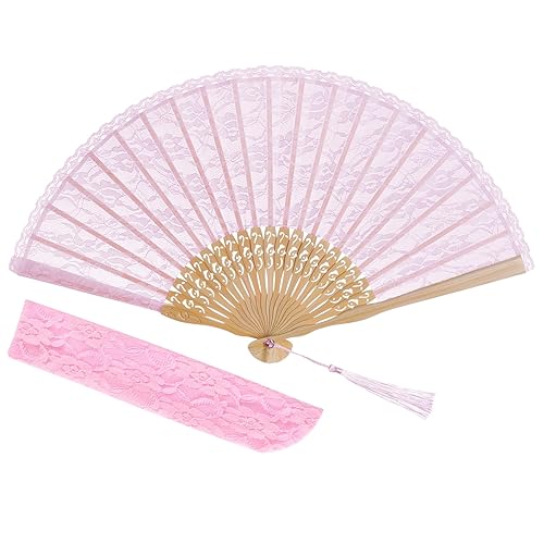 choyaxo Lace Handheld Chinese Folding Fan Bamboo Silk Folding Fan for Women Wedding Decoration Dancing Party,Pink - Pink - 1