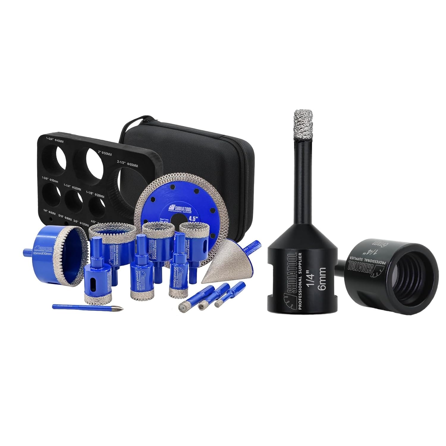 SHDIATOOL Diamond Drill Bits Kit - Core Bits Hole Saw Sets,Mould Guide for Drilling Porcelain Tile Marble Ceramic Granite with Hollow EVA Guide Jig 13pcs(6/8/10/20/25/28/32/35/50/65/1-3/4in+4.5in+6mm)