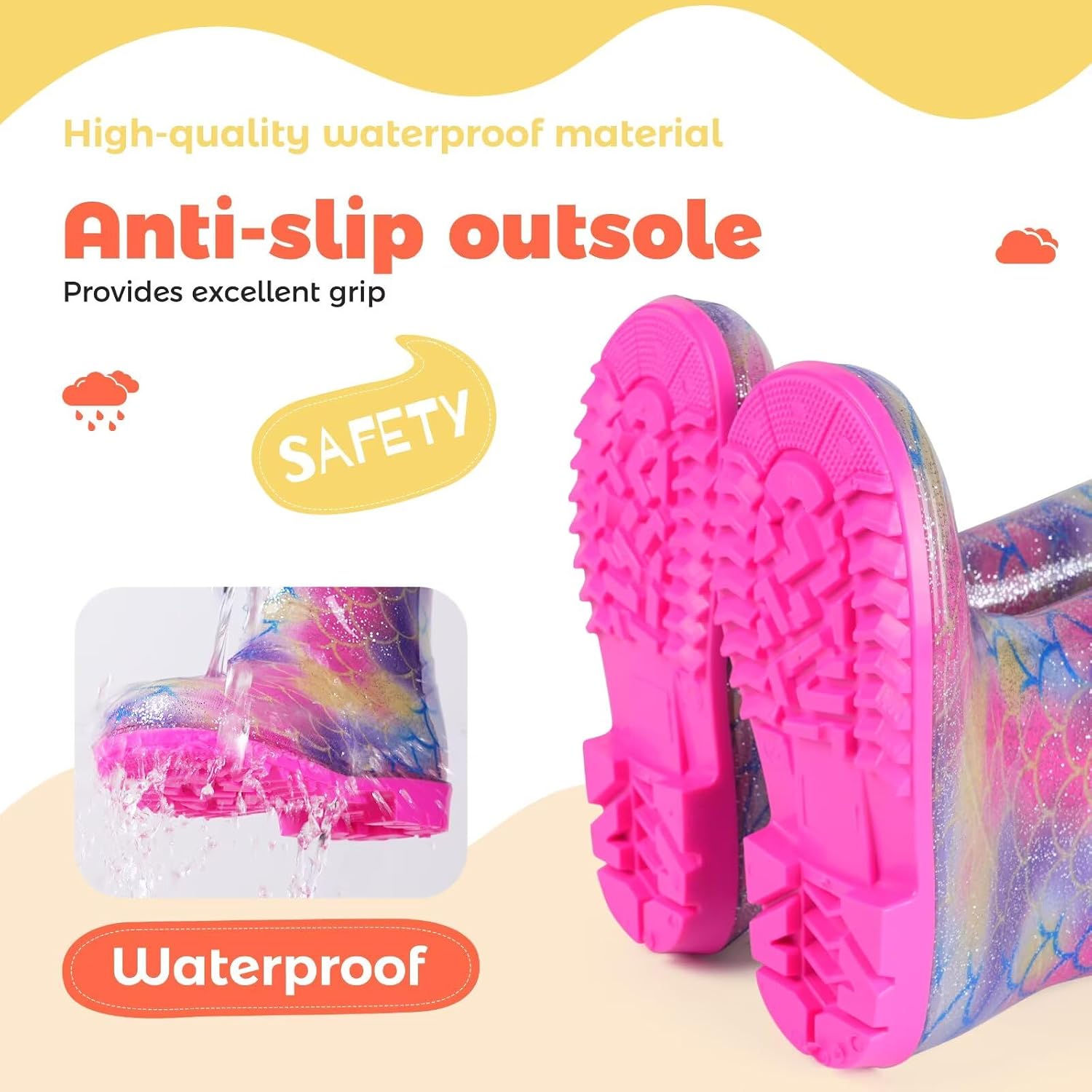 ANTLULU Kids Rain Boots Lightweight Waterproof Shoes with Easy-on Handles for Boys and Girls