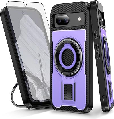 Asuwish Phone Case for Google Pixel 8A 5G with Tempered Glass Screen Protector Cover and Ring Holder Shockproof Protective Kickstand Hybrid Dual Layer Back Cell Accessories Pixel8A A8 Women Men Purple