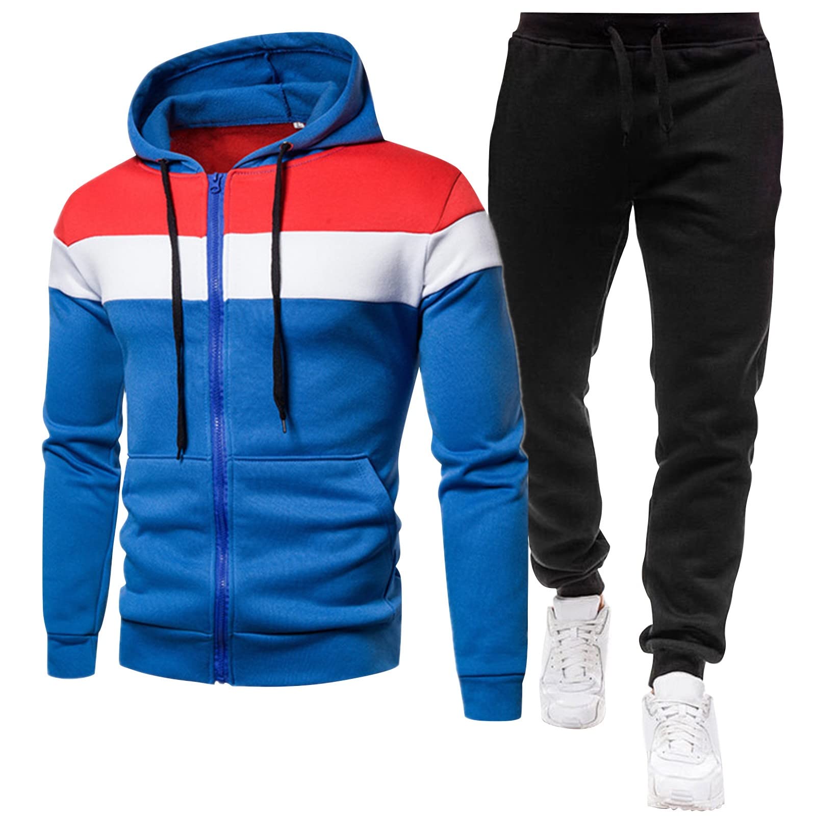 Męski dres treningowy, 2-częściowy, zapinana na zamek bluza z kapturem i joggery, ciemnoszara i czarna, odzież sportowa dla mężczyzn, miękka bawełniana dres treningowy z kieszeniami, wygodna odzież