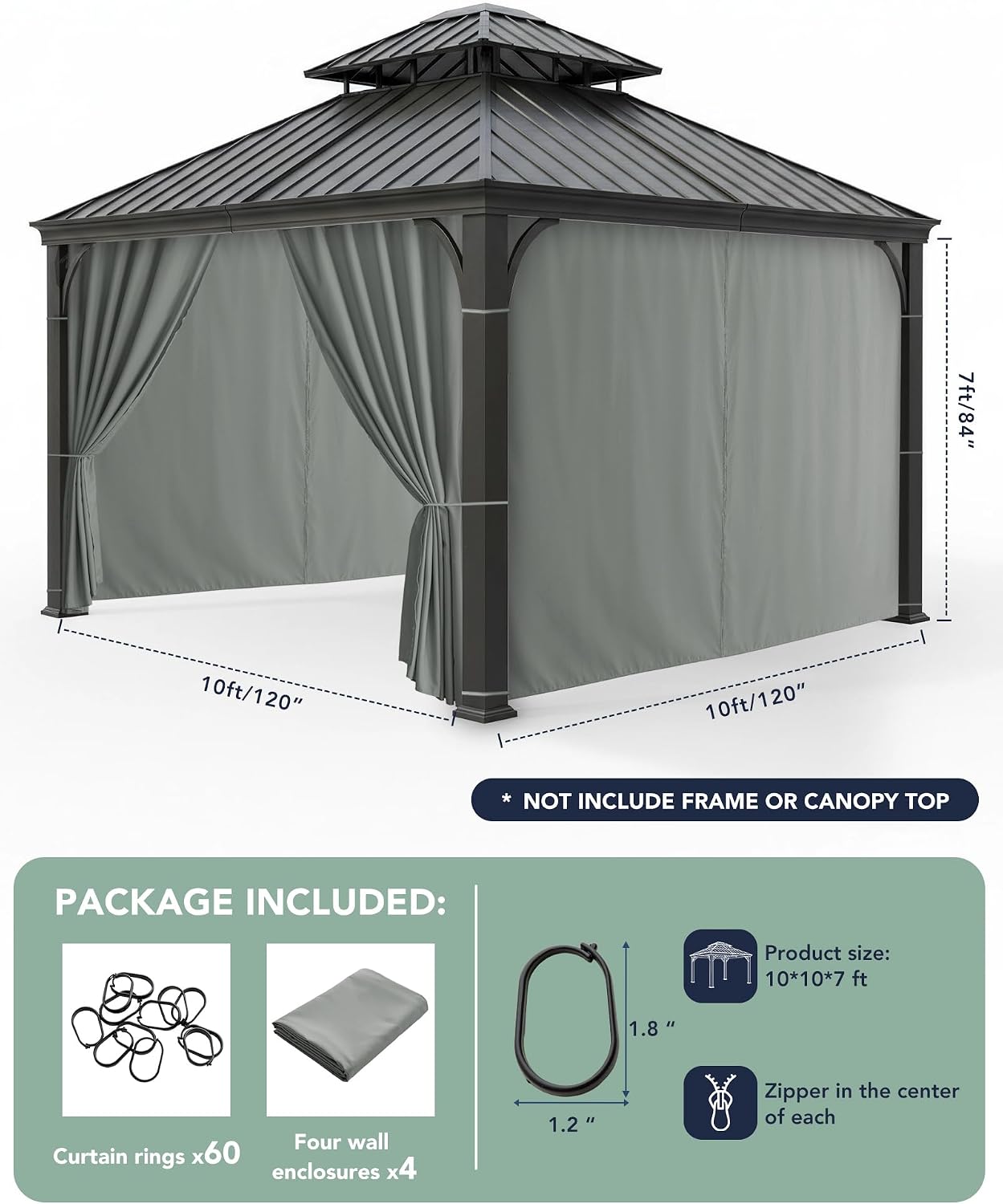 Gazebo Curtains Outdoor Waterproof - 10'Wx10'Lx7'H Weatherproof Patio Pergola Outside Curtains, Gazebo Universal Replacement Privacy Curtains, 4 Panels Sidewall Drapes with Zipper, Grey
