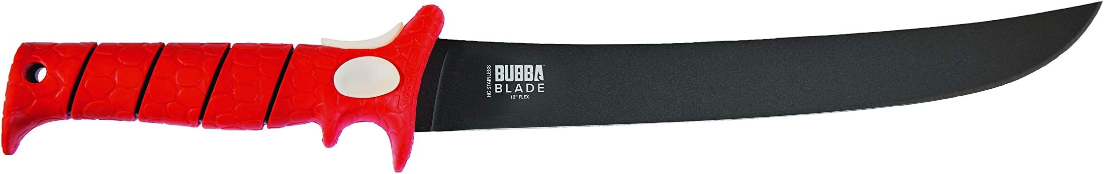 bubba12 Inch Flex Curved Fillet Knife with Non-Slip Grip Handle, Full Tang Stainless Steel Non-Stick Titanium Blade, Lanyard Hole and Synthetic Sheath for Fishing