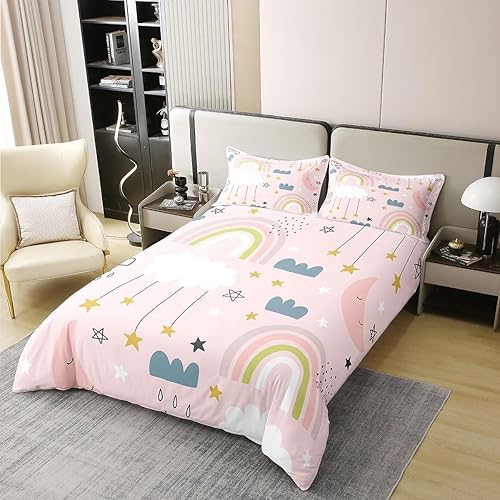 Miniatura 3 de Erosebridal Juego de ropa de cama tamaño individual de arcoíris rosa, 100 % algodón, funda de edredón con diseño de estrellas y luna, para niñas,