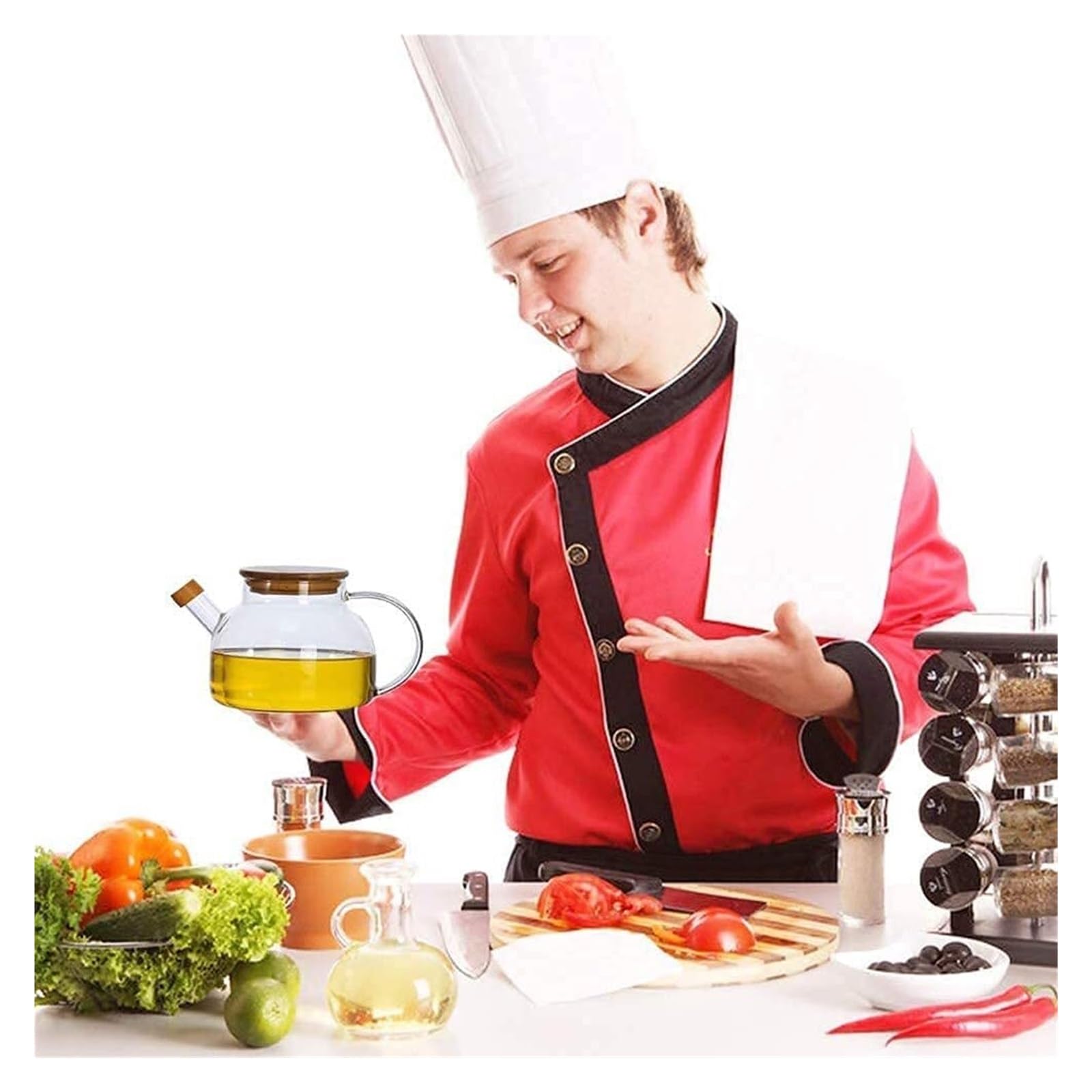 Distributore di Olio E Aceto, Bottiglia di Olio E Aceto, Bottiglia di Vetro A Prova di Perdite, Bottiglia di Olio Trasparente, Coperchio in Legno per Cucinare,