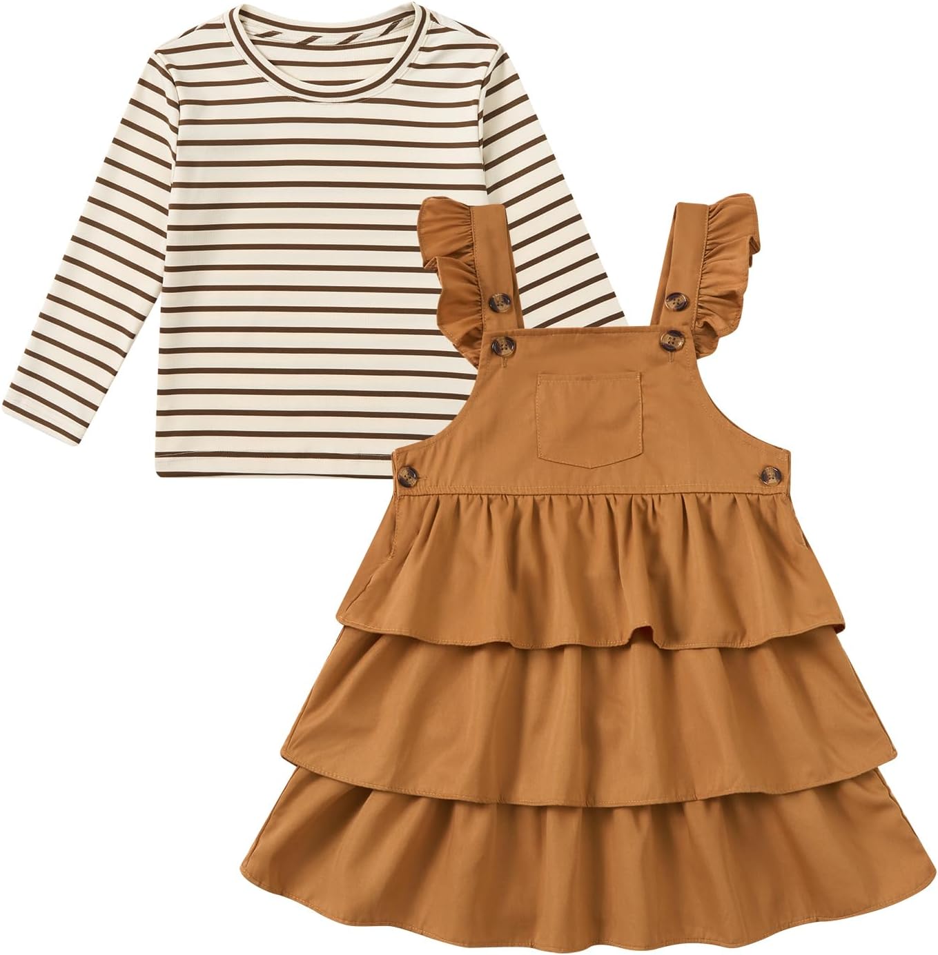 Toddler Girls 2-Piece Ruffle Tiered Overalls Dress with Striped Top, Ages 2-5, Casual Spring/Fall Outfit
