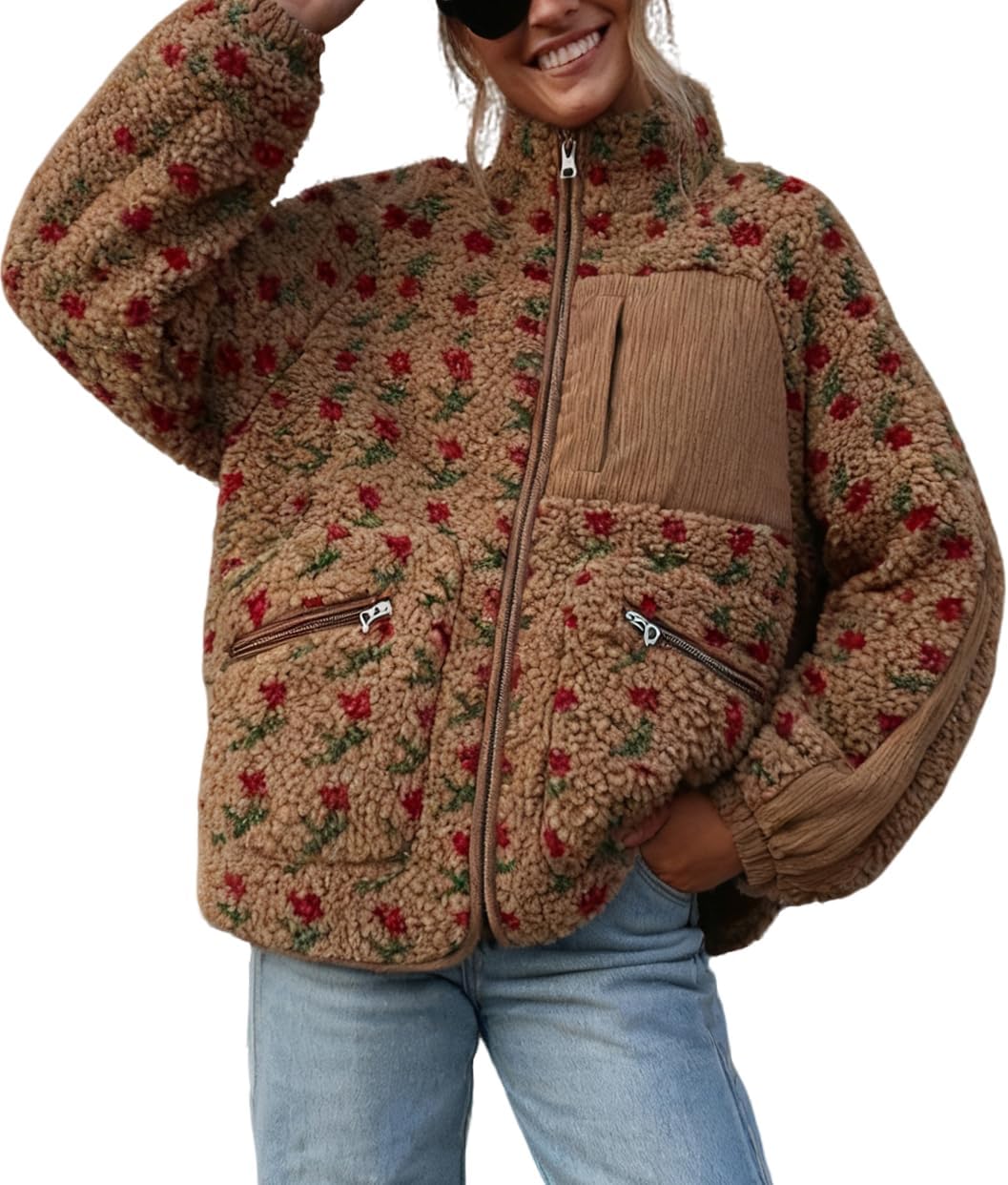 chouyatou Women's Winter Casual Spliced Floral Fleece Jacket Fall Fuzzy Oversized Faux Fur Sherpa Jacket