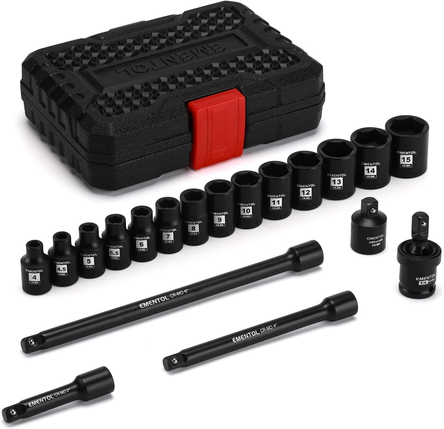 EMENTOL 1/4 Inch Drive Magnetic Impact Socket Set, 19-Piece Metric, 4-15mm, 6 Point, Shallow, Cr-Mo,Magnetic Sockets with Universal Joint & Extension Bar