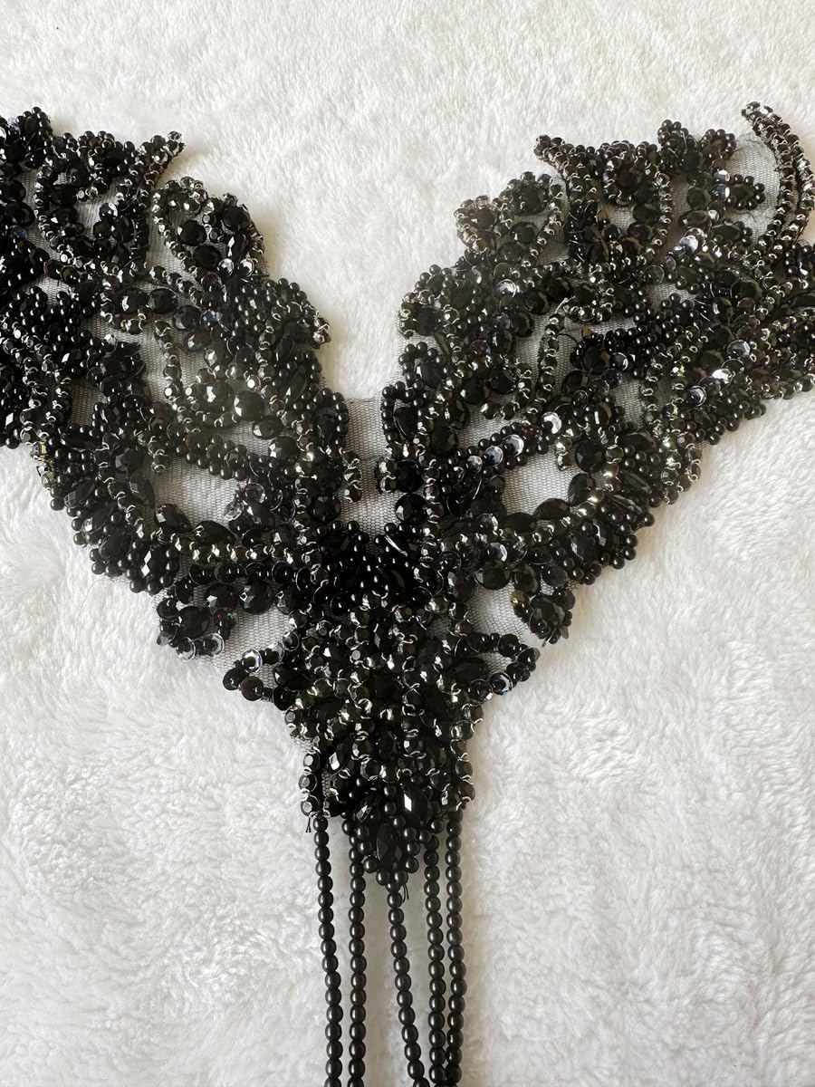 Pure Handmade Rhinestone Fringe Patch Trim Crystal Beaded Applique for Sewing Crafts Wedding Party Decoration Bridal Dress Accessories 14.5X14inches (Black)