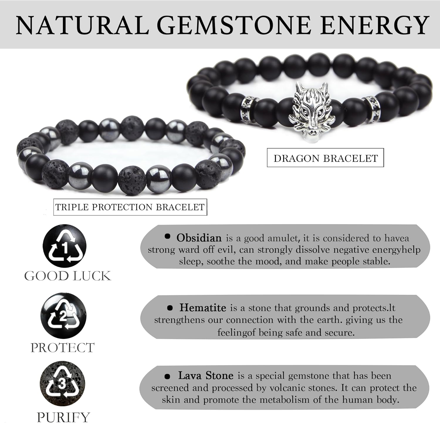 Black Obsidian Bracelet for Men - Black Tourmaline Beaded Bracelets - Mens Bracelet Set 8MM Black Onyx Hematite Lava Stone Beads Triple Protection Bracelet for Men Women Gifts - Image 3